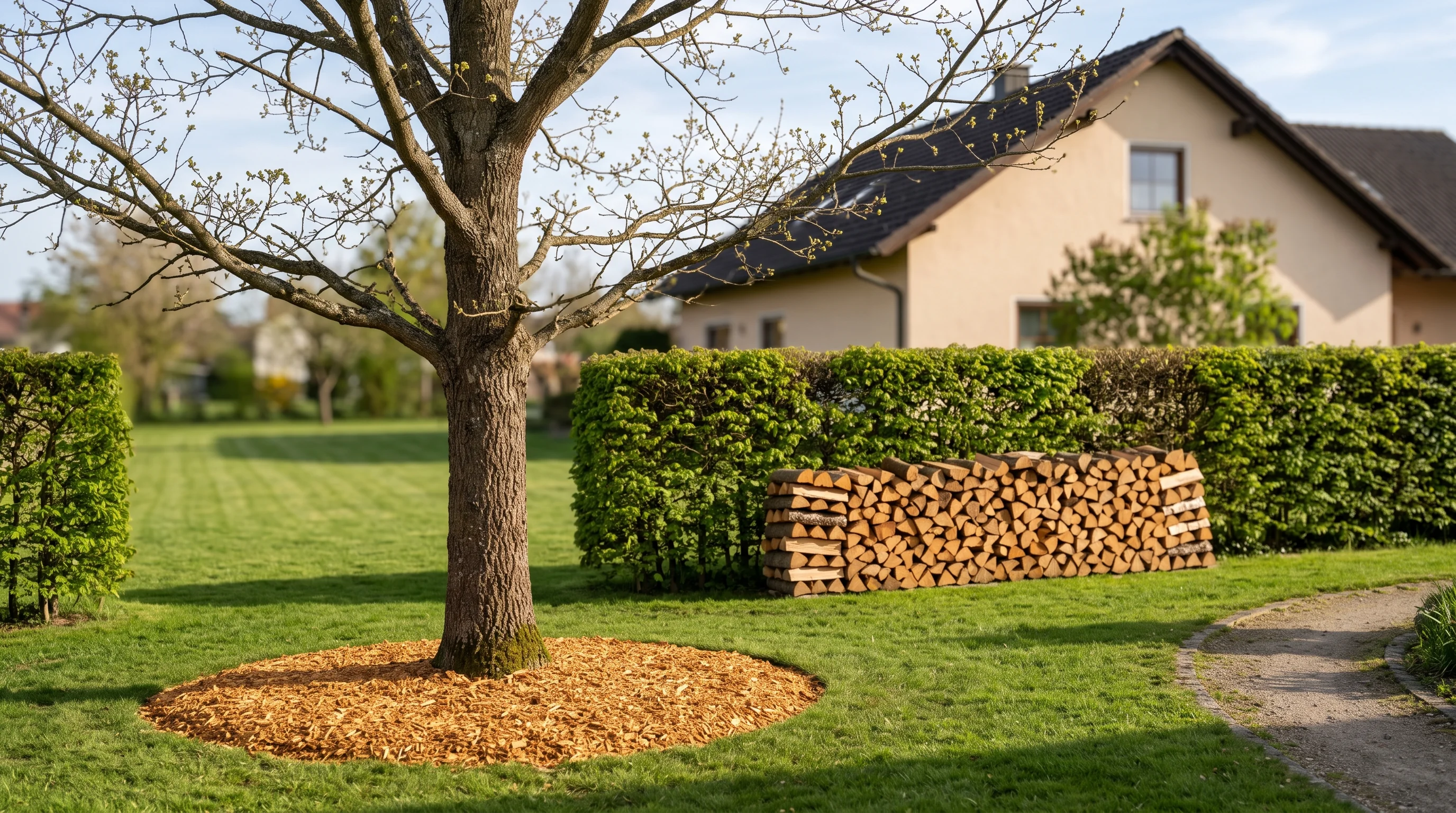 Grünschnitt entsorgen Ulm: aufgeräumter Garten nach dem Baumschnitt mit gestapeltem Astholz und frischer Mulchschicht