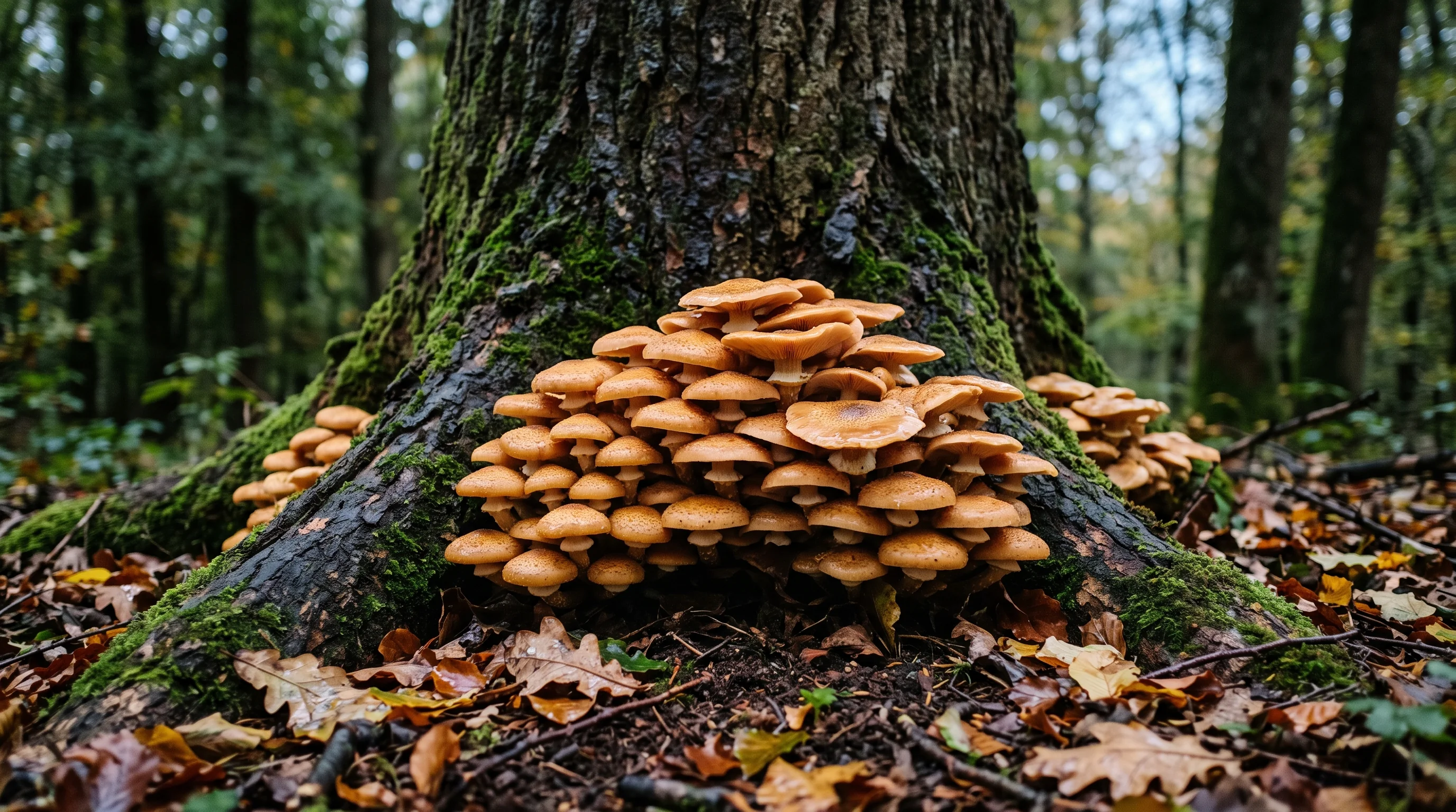 Hallimasch am Baum: honiggelbe Pilzbüschel am Stammfuß einer alten Laubbaum-Wurzel