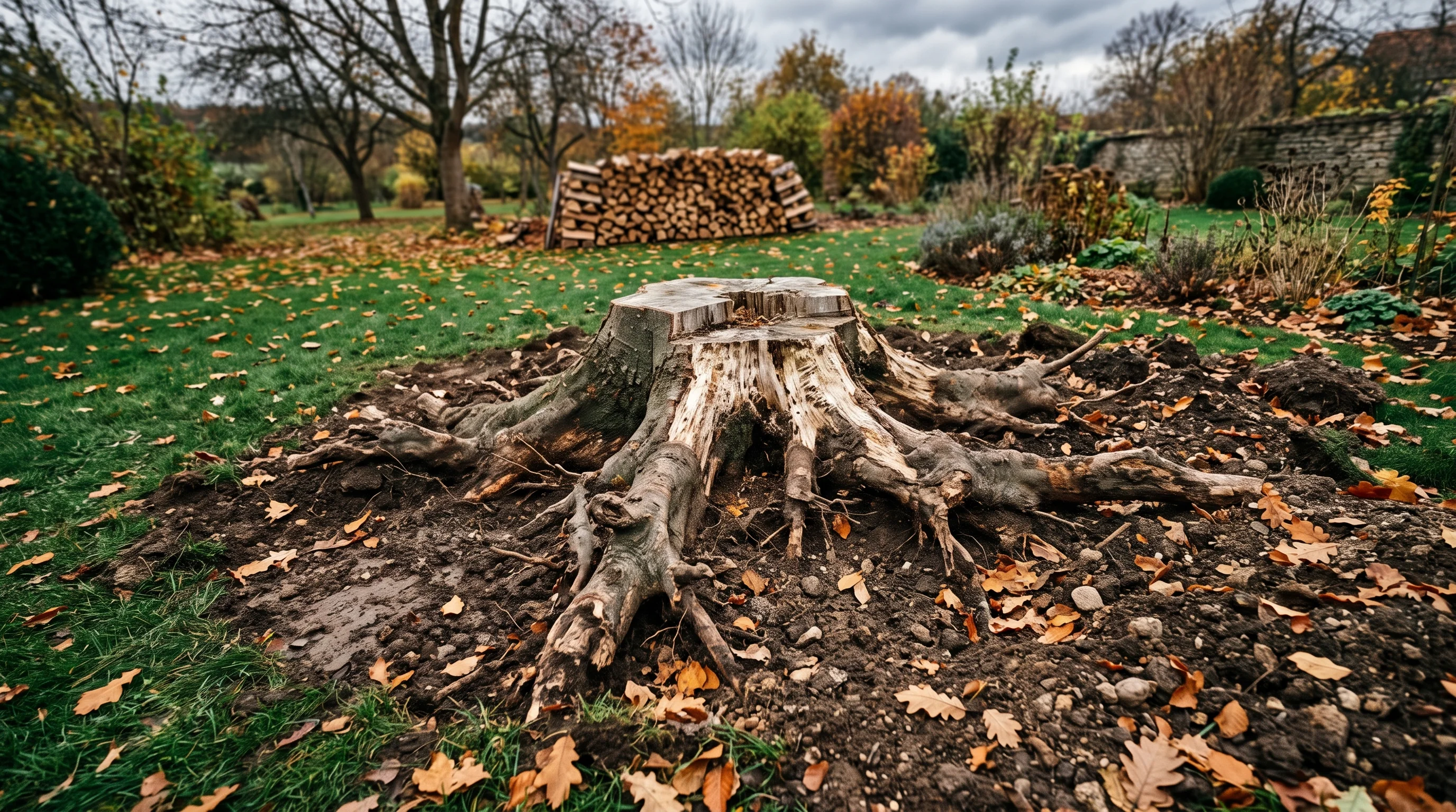 Hallimasch am Baum als Anlass für die Fällung: freigelegter Wurzelanlauf mit Weißfäule im Herbstlaub