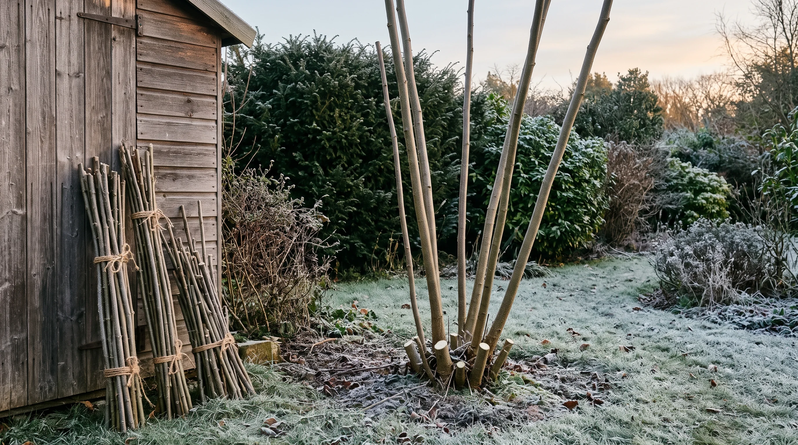 Haselnussstrauch nach dem fachgerechten Auslichtungsschnitt im Winter mit sauber gebündelten Haselruten im Garten