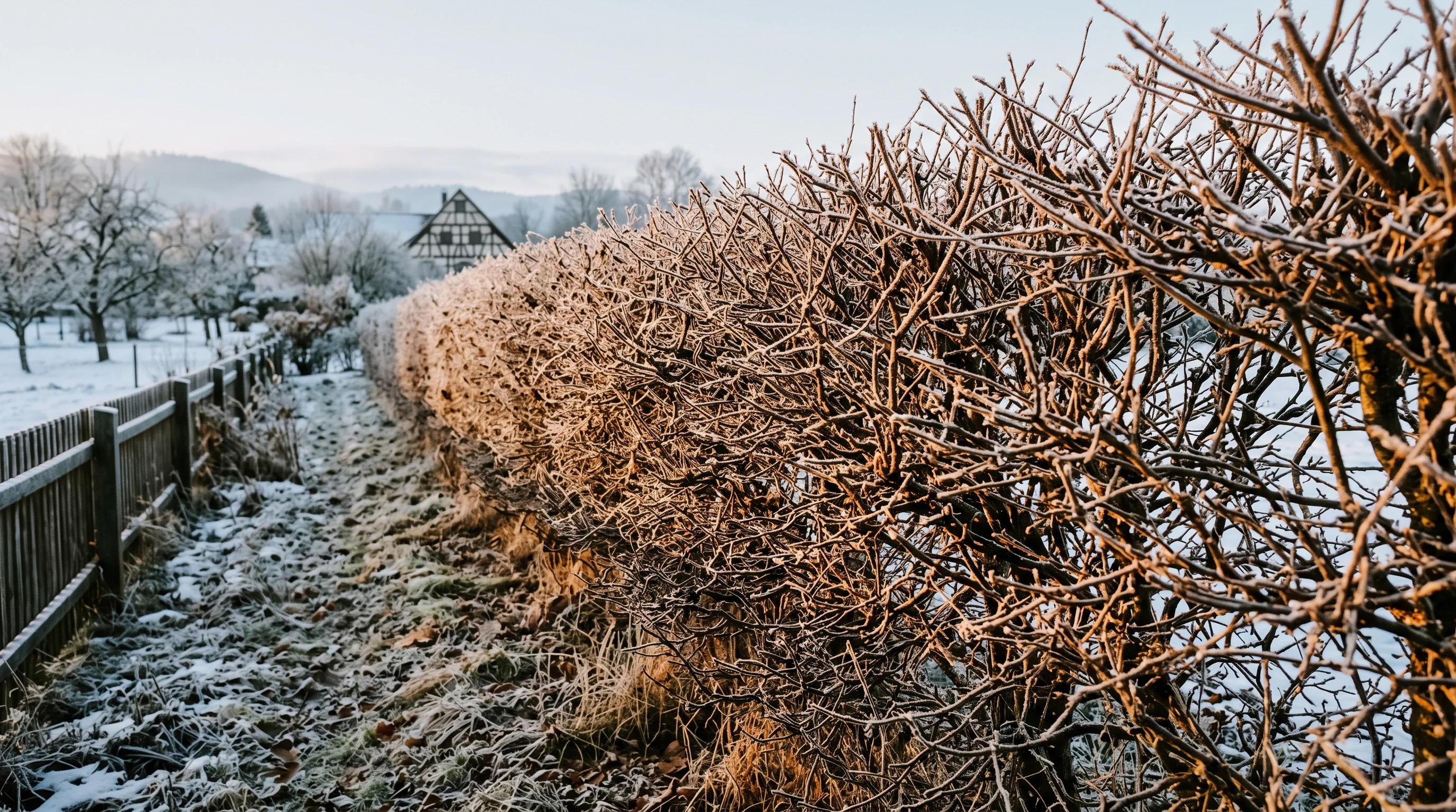 Hecke entfernen im erlaubten Zeitfenster: kahle Heckenstruktur im Winter