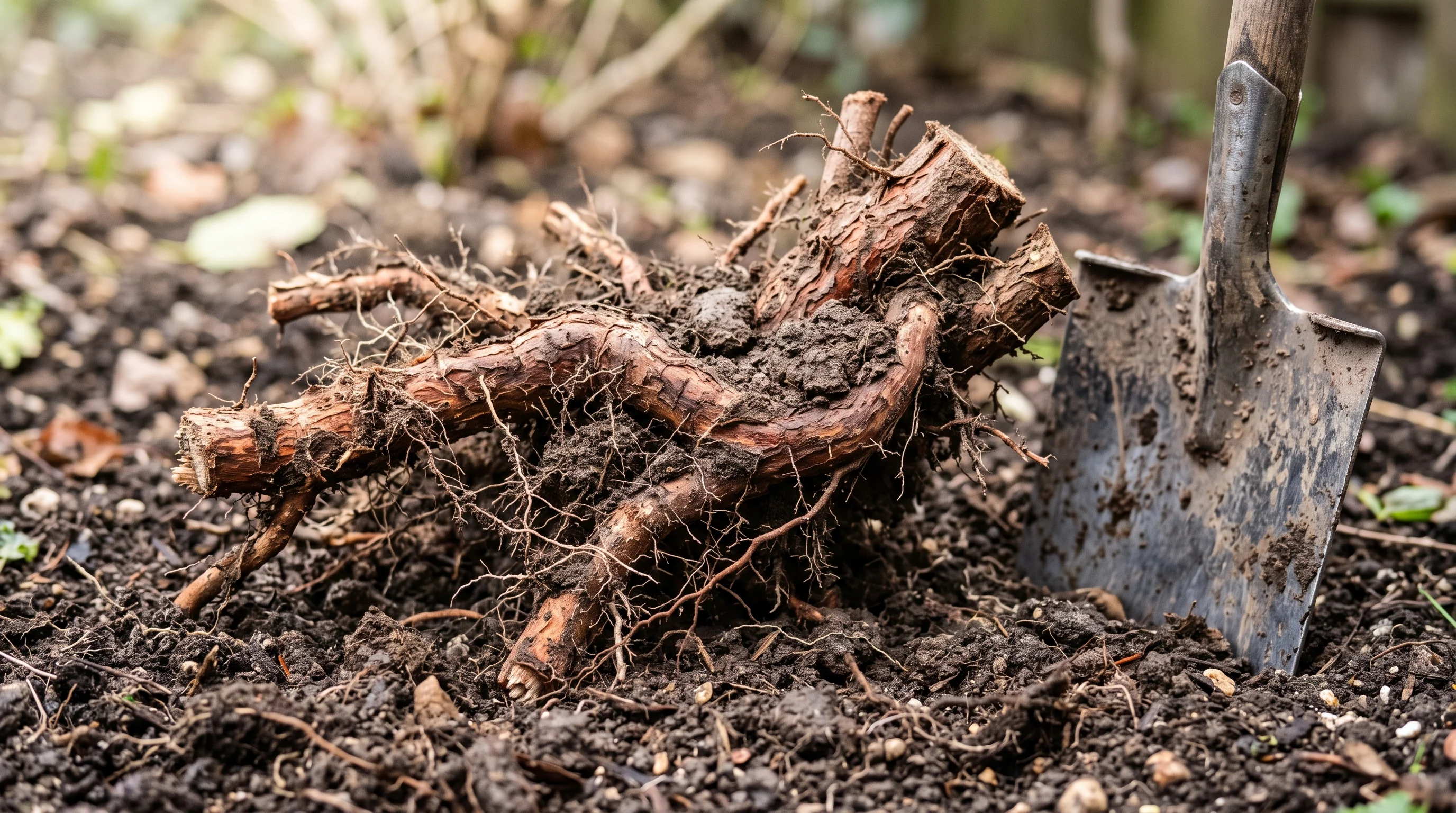 Freigelegte Wurzelstöcke nachdem die Hecke entfernt wurde