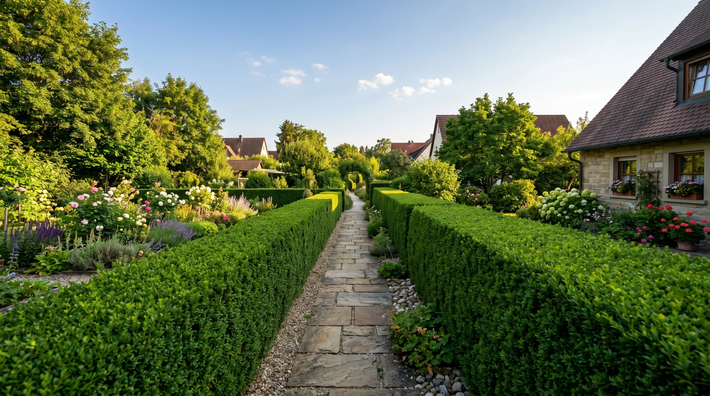 Gepflegter Garten nach professionellem Heckenschnitt mit klaren grünen Linien entlang eines Gartenwegs und sommerlichem Himmel