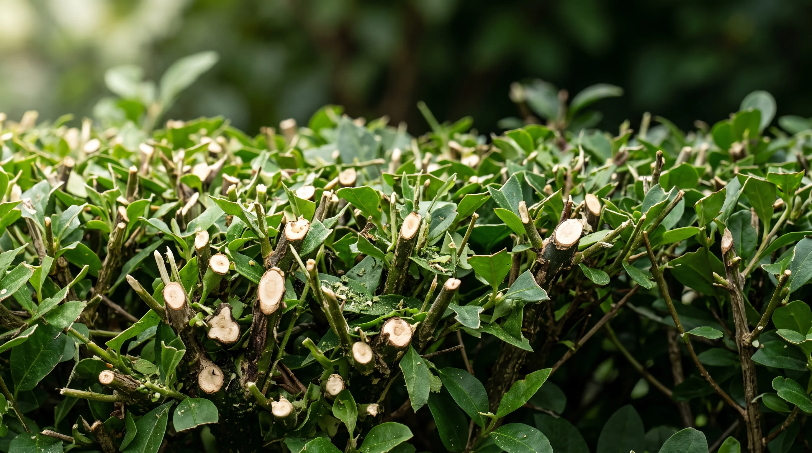 Hecke schneiden Kosten: Detailaufnahme einer frisch geschnittenen Heckenkante mit sauberem Schnittbild