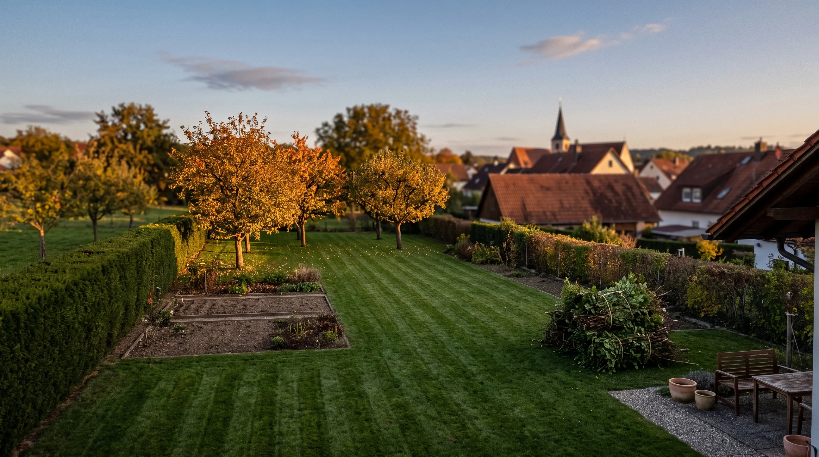 Hecke schneiden Kosten: gepflegter Garten nach dem Heckenschnitt mit klaren Linien im Abendlicht