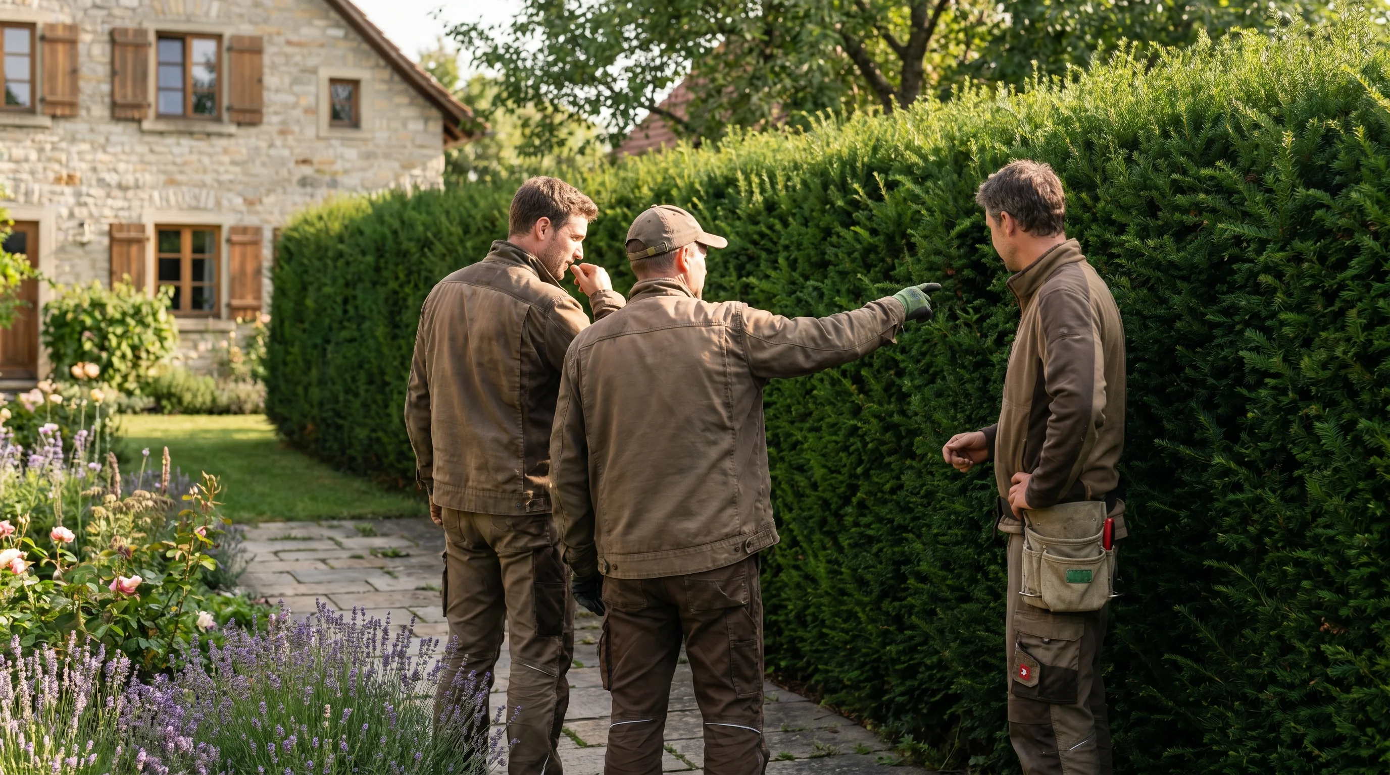 Zwei professionelle Gartenpfleger begutachten gemeinsam eine hohe Hecke vor dem Schnitt in einem süddeutschen Garten
