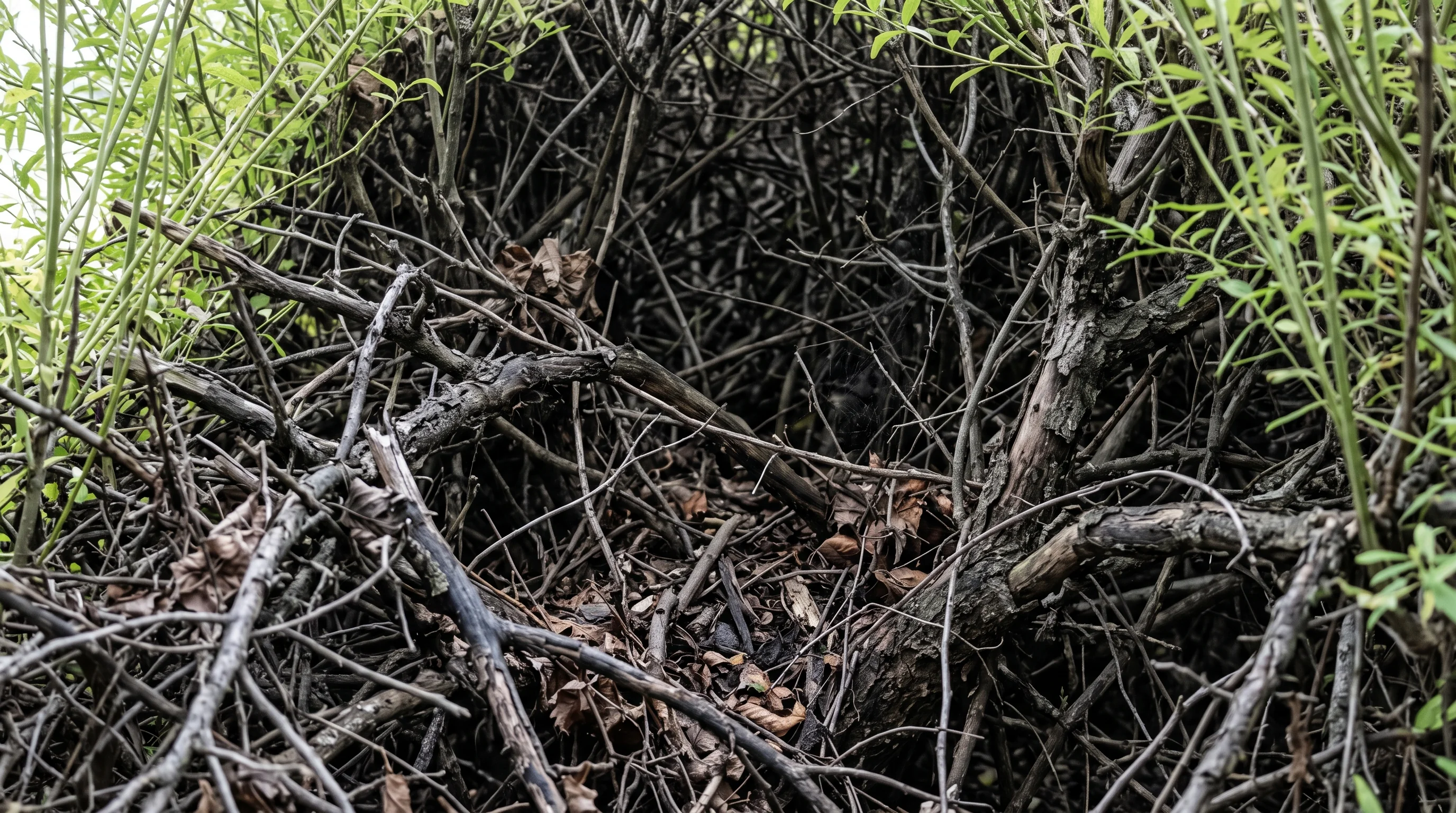 Hecke verjüngen: Nahaufnahme des kahlen Altholzes im Inneren einer verjüngungsbedürftigen Hecke