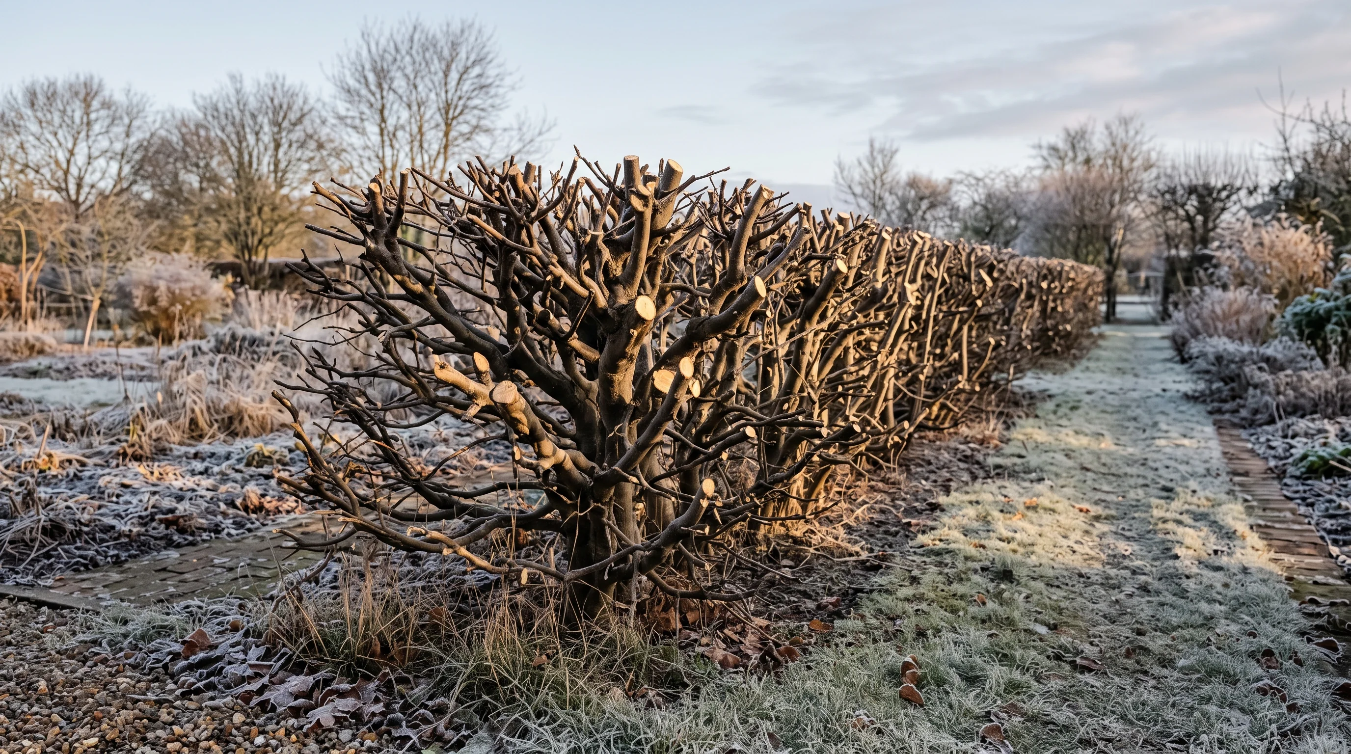 Hecke verjüngen: frisch zurückgeschnittene Laubhecke in Trapezform im Winterlicht