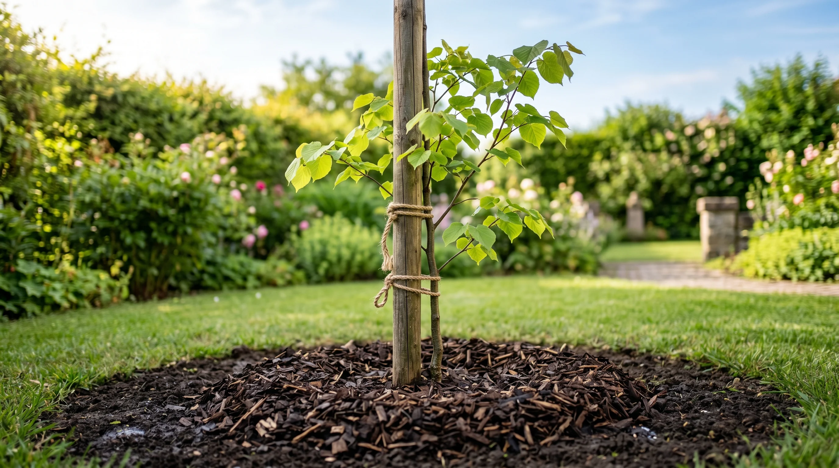 Jungen Baum richtig wässern – frisch gepflanzter Laubbaum mit Gießrand im Garten