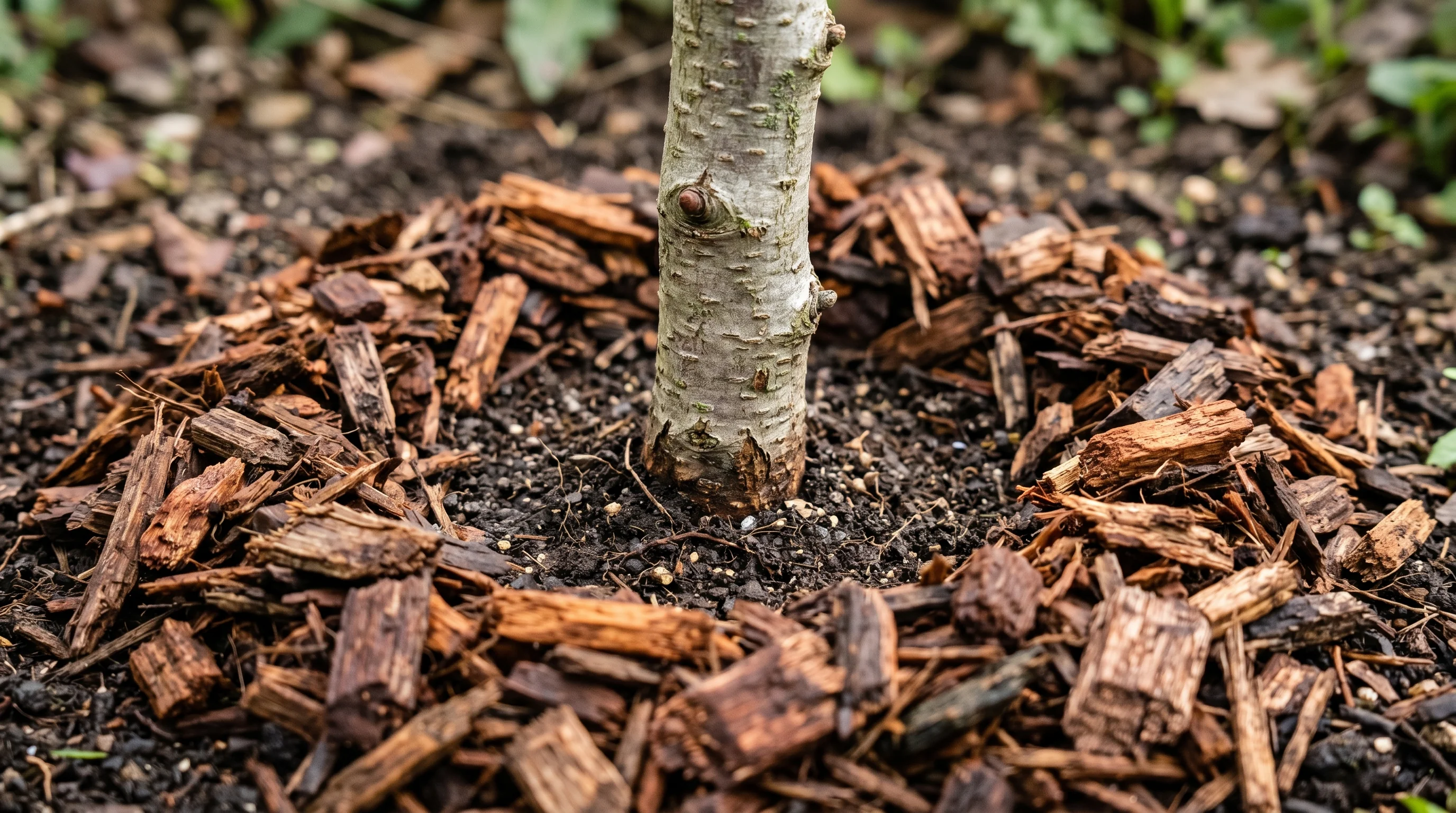 Neugepflanzter junger Laubbaum mit frischem Mulchring und Gießrand im Sommergarten