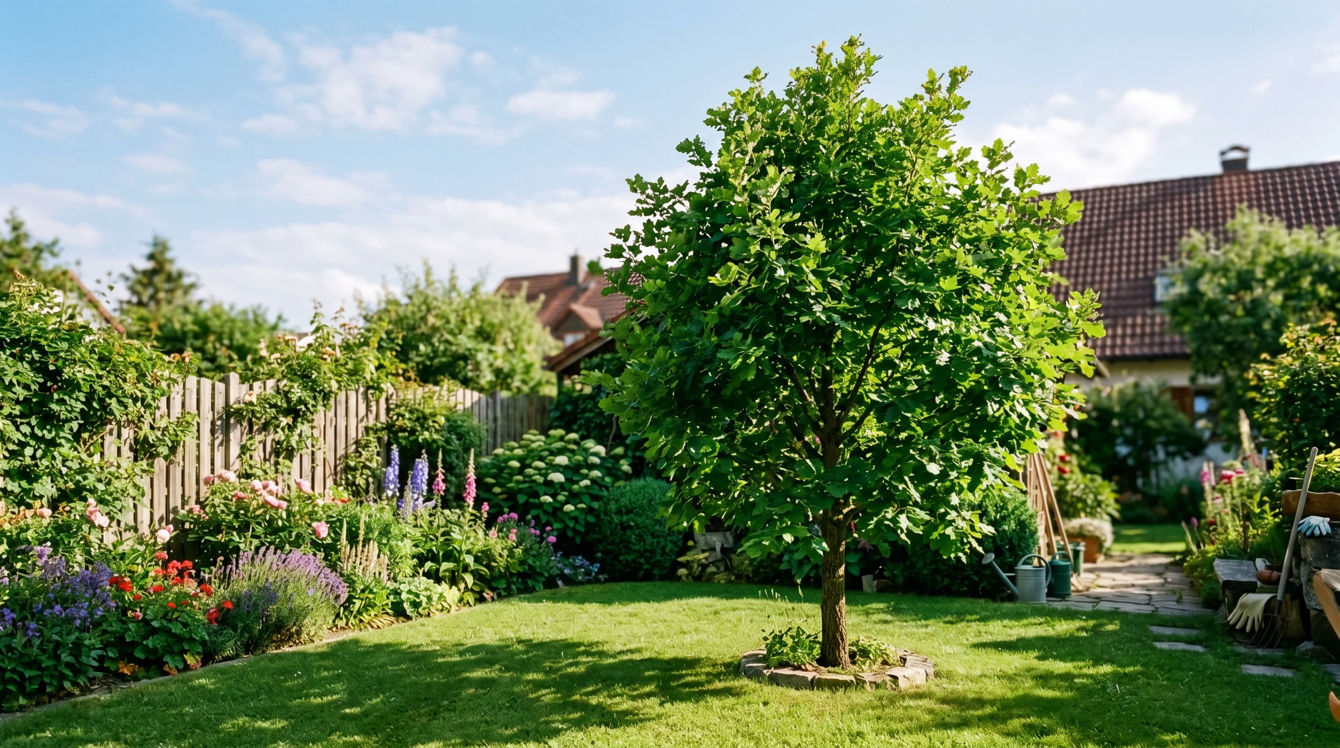 Gepflegter junger Baum mit Mulchring in einem Garten in Südwestdeutschland — Sommer