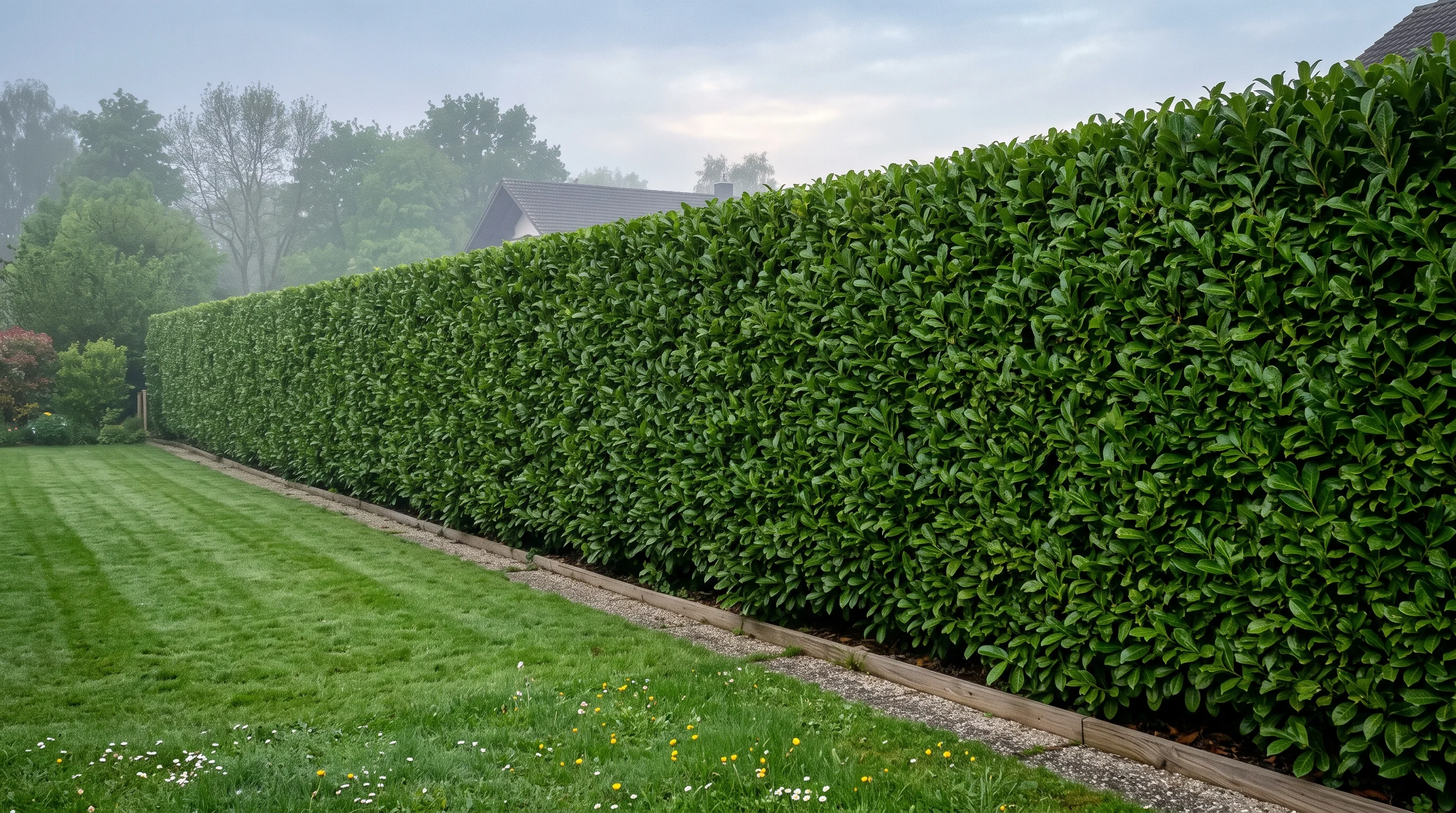 Gepflegte Kirschlorbeerhecke nach dem Schnitt – dichte, blickdichte grüne Wand im Garten