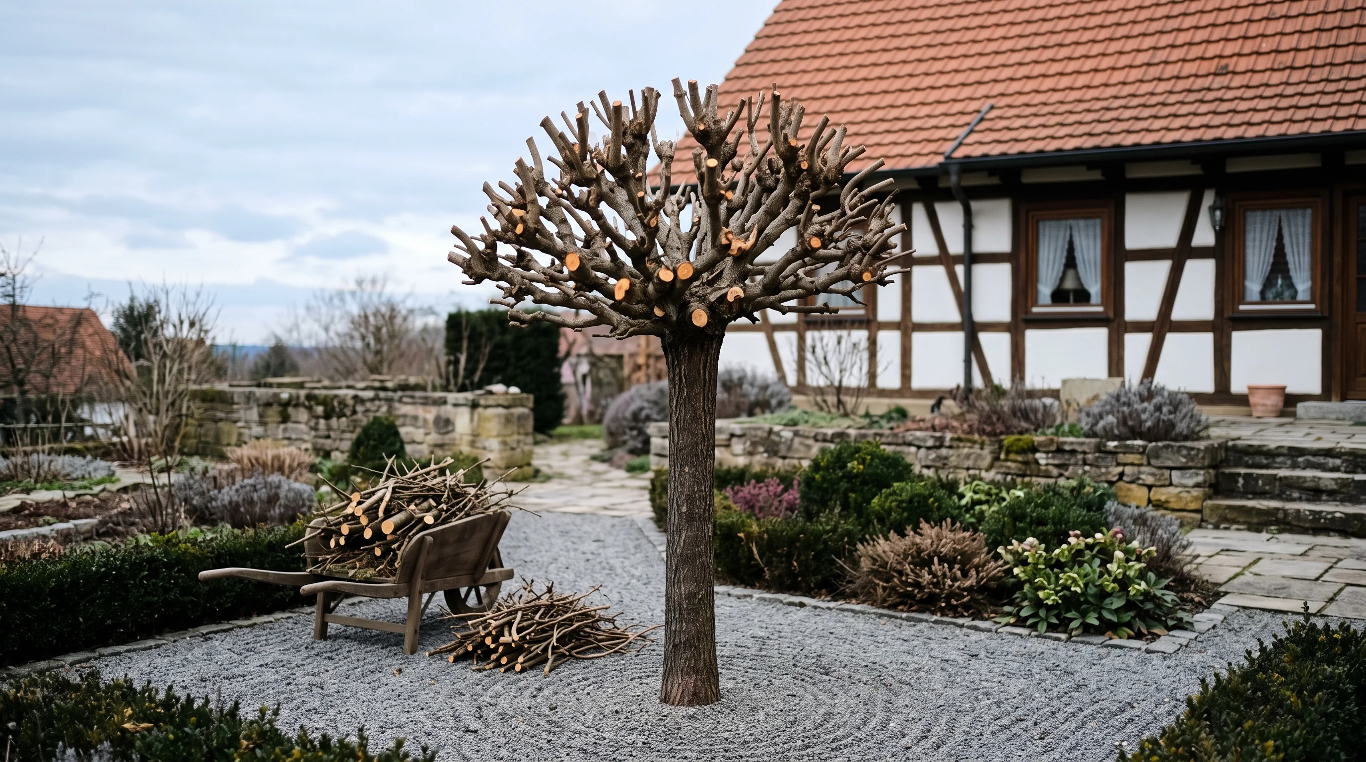 Kugelbaum schneiden Ergebnis – frisch auf Aststümpfe zurückgeschnittener Kugeltrompetenbaum im Vorgarten im Spätwinter