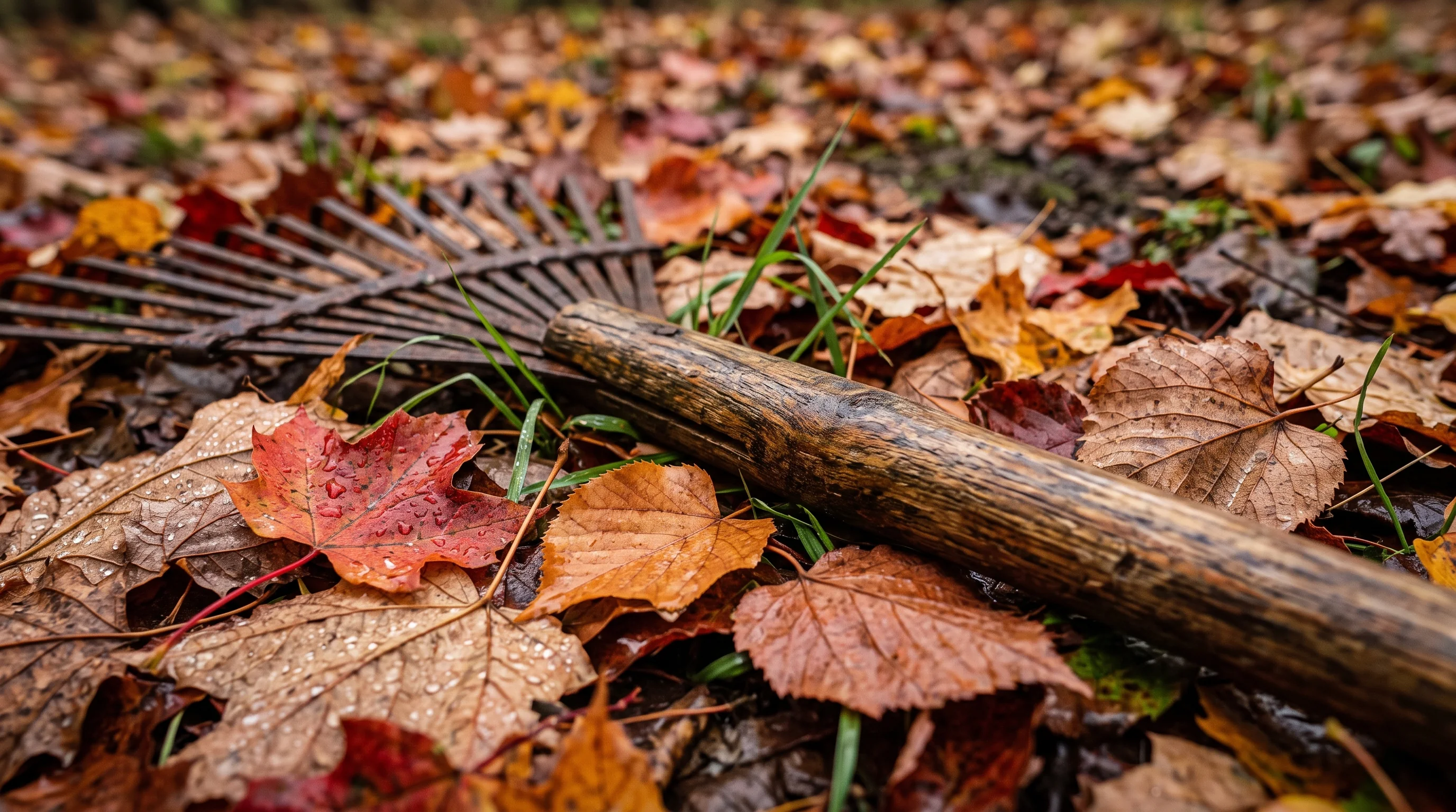 Laub entfernen mit dem Rechen: nasses Herbstlaub aus Ahorn und Linde auf einer Rasenfläche