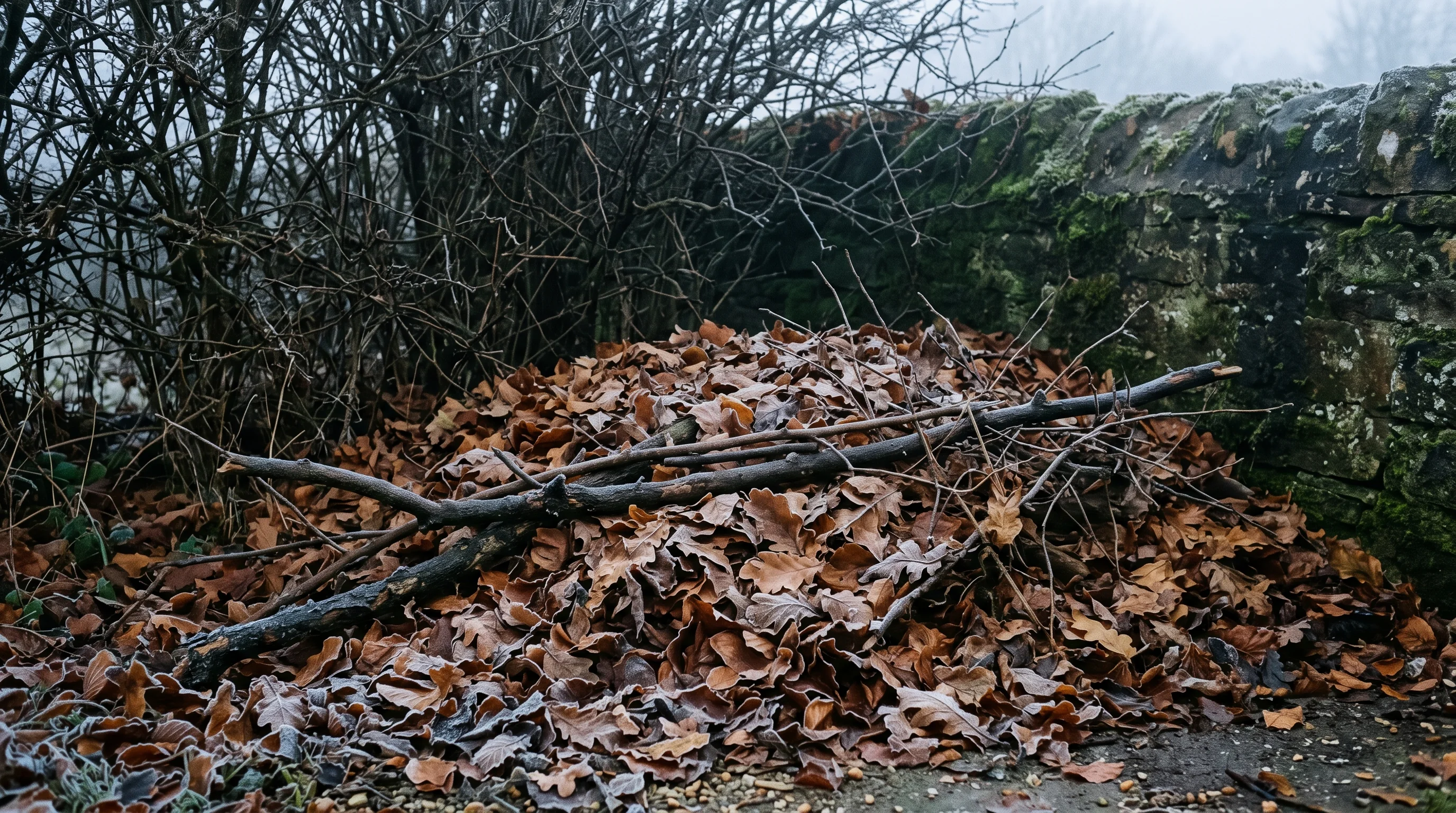 Laubhaufen als Winterquartier unter einer Hecke im Spätherbst nach dem Laub entfernen