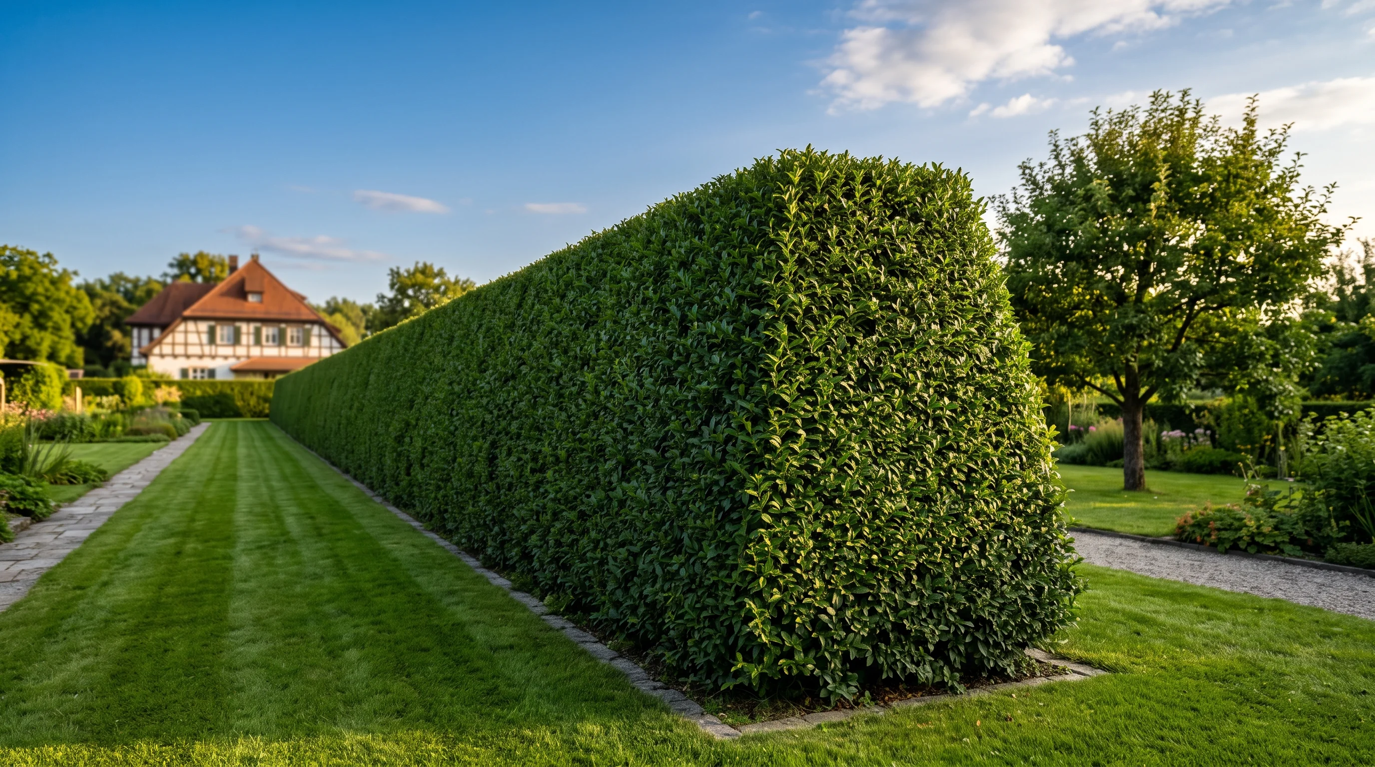 Liguster schneiden: dichte, in Trapezform geschnittene Ligusterhecke in einem süddeutschen Garten