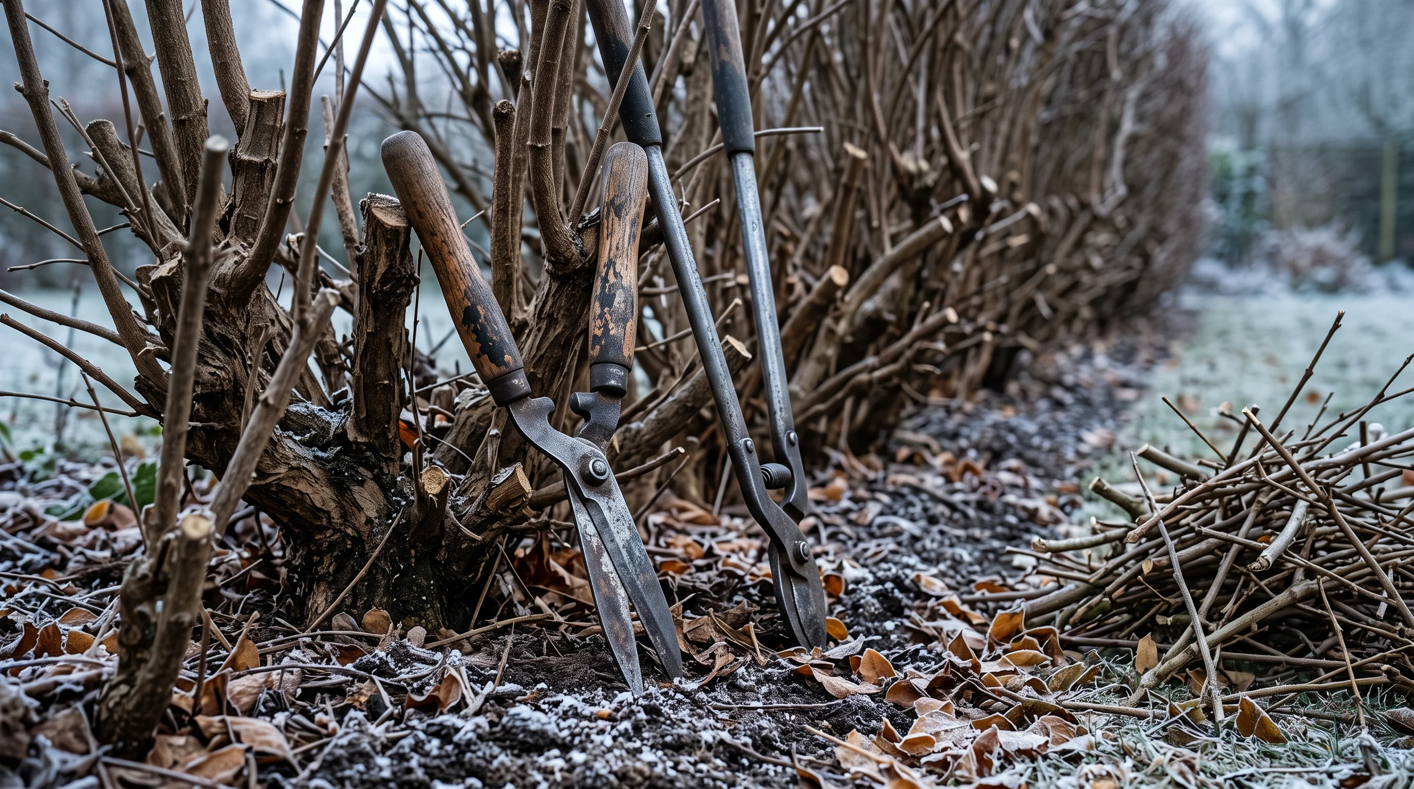 Werkzeug zum Liguster schneiden: Heckenschere und Astschere an einer radikal zurückgeschnittenen Ligusterhecke im Spätwinter
