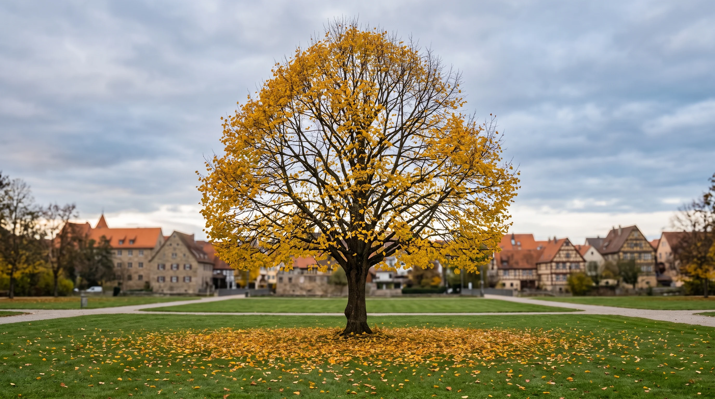 Linde schneiden: gepflegter Lindenbaum im Herbst mit klarer Kronenstruktur