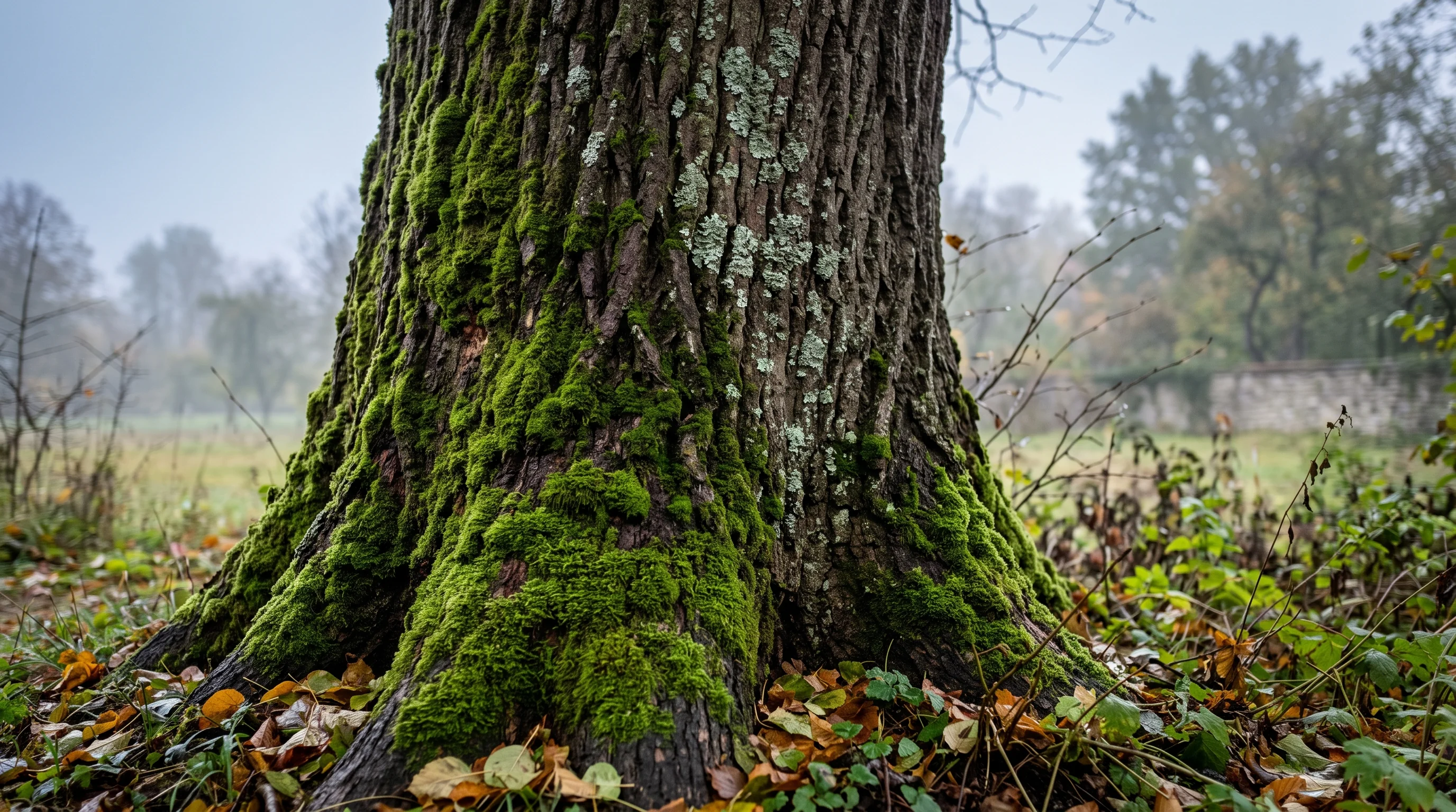 Moos am Baum entfernen – dicht bemooster Stamm einer alten Linde im weichen Herbstlicht