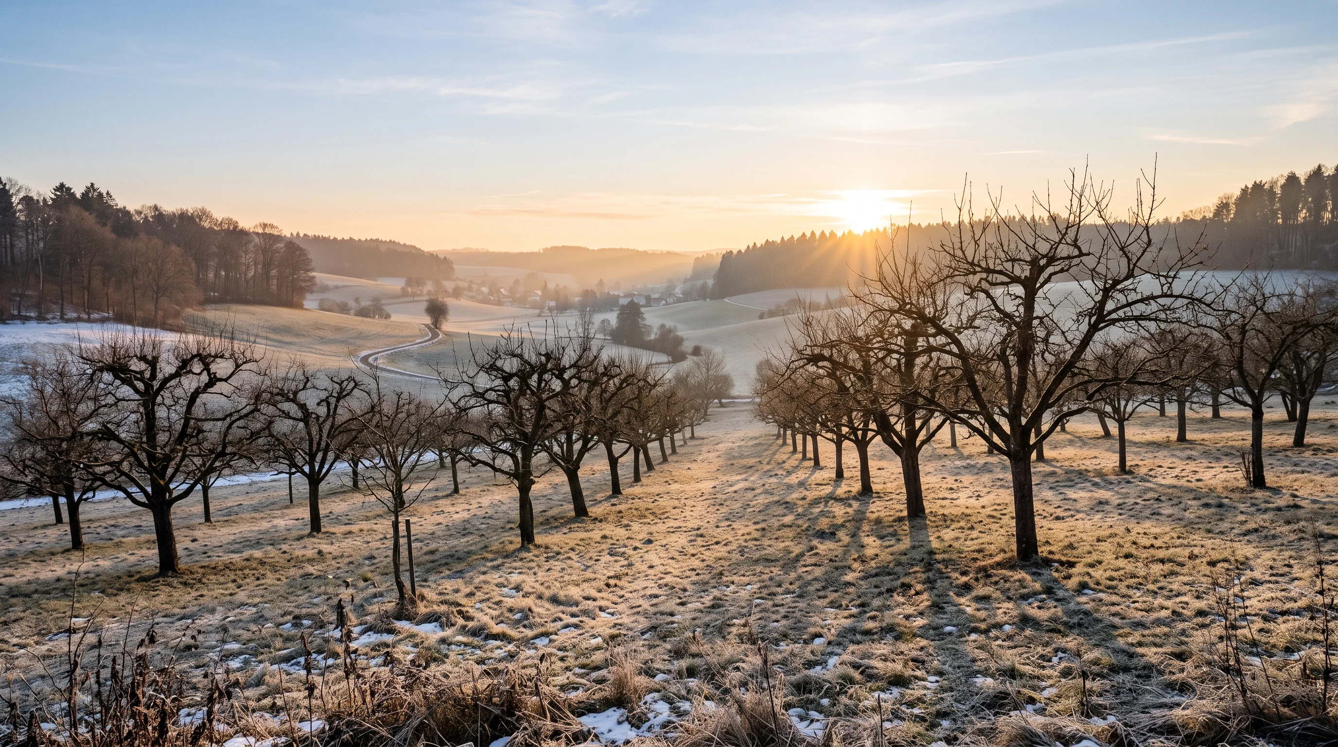 Moos am Baum entfernen – lichtdurchfluteter Obstgarten mit gepflegten Stämmen im Winterlicht