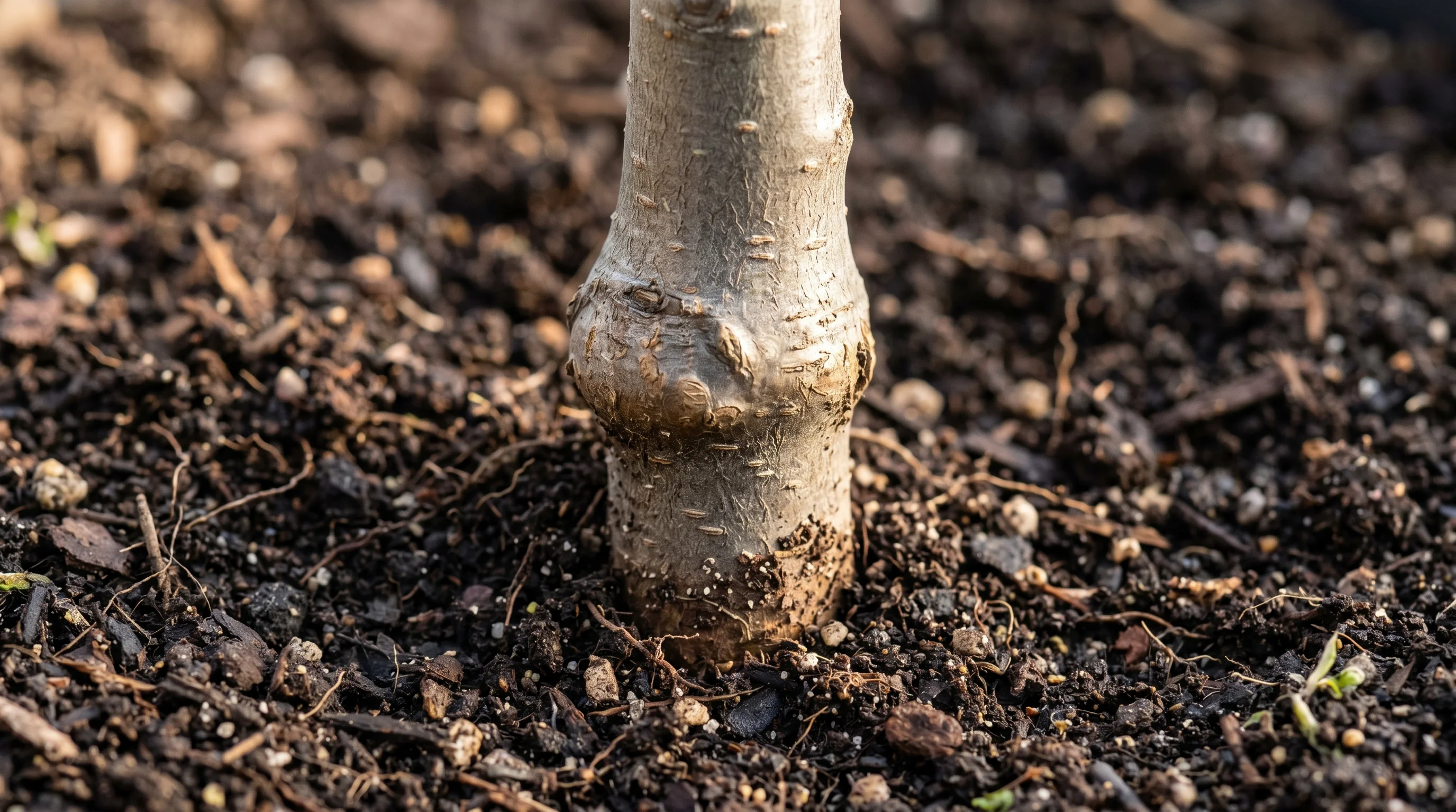Obstbaum pflanzen Abstand: Stammformen im Vergleich – Halbstamm mit Stützpfahl und frischer Erde nach der Pflanzung
