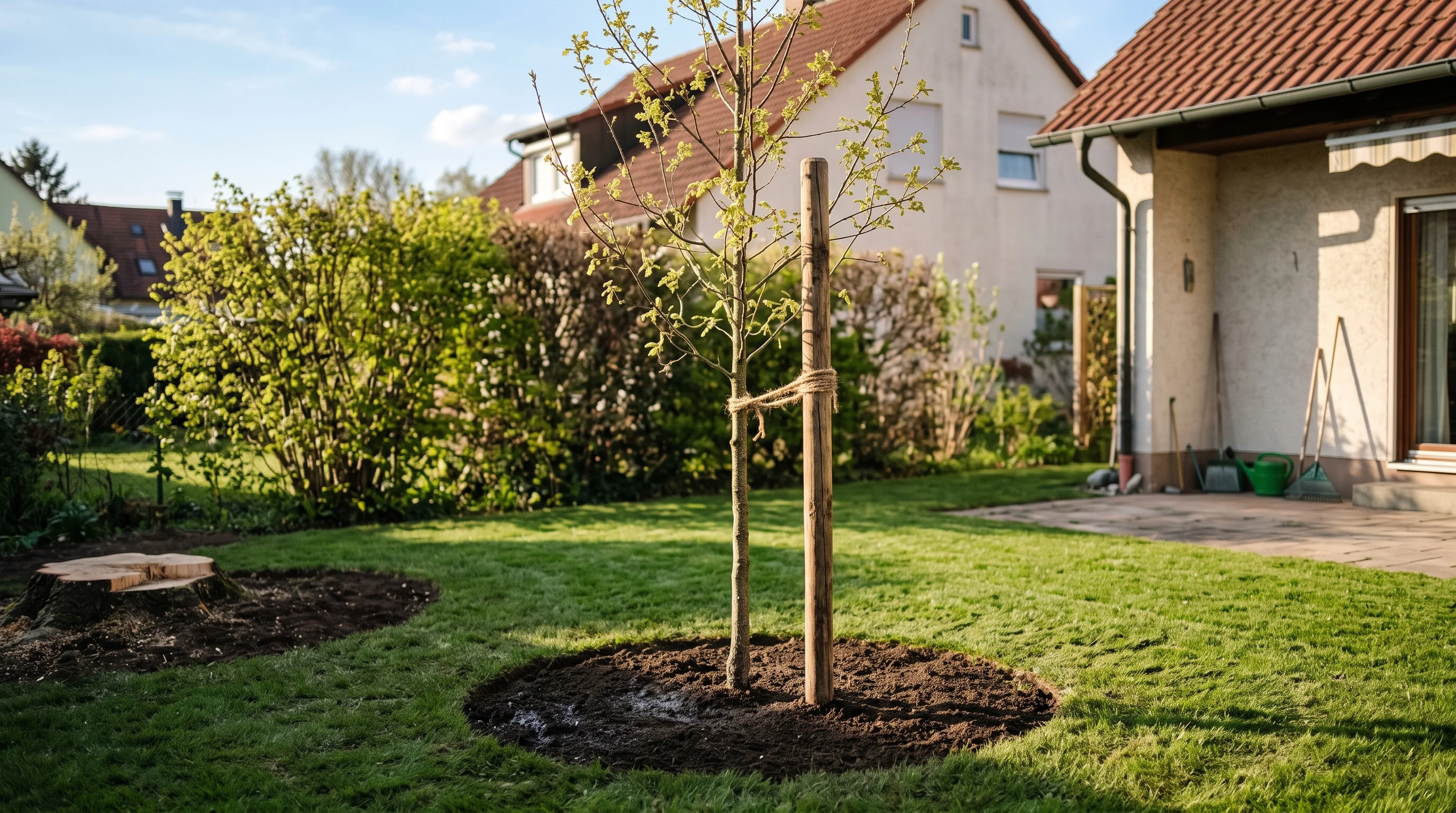 Pappel fällen und ersetzen: Gartenfläche nach der Fällung mit frisch gepflanztem jungem Laubbaum und Stützpfahl