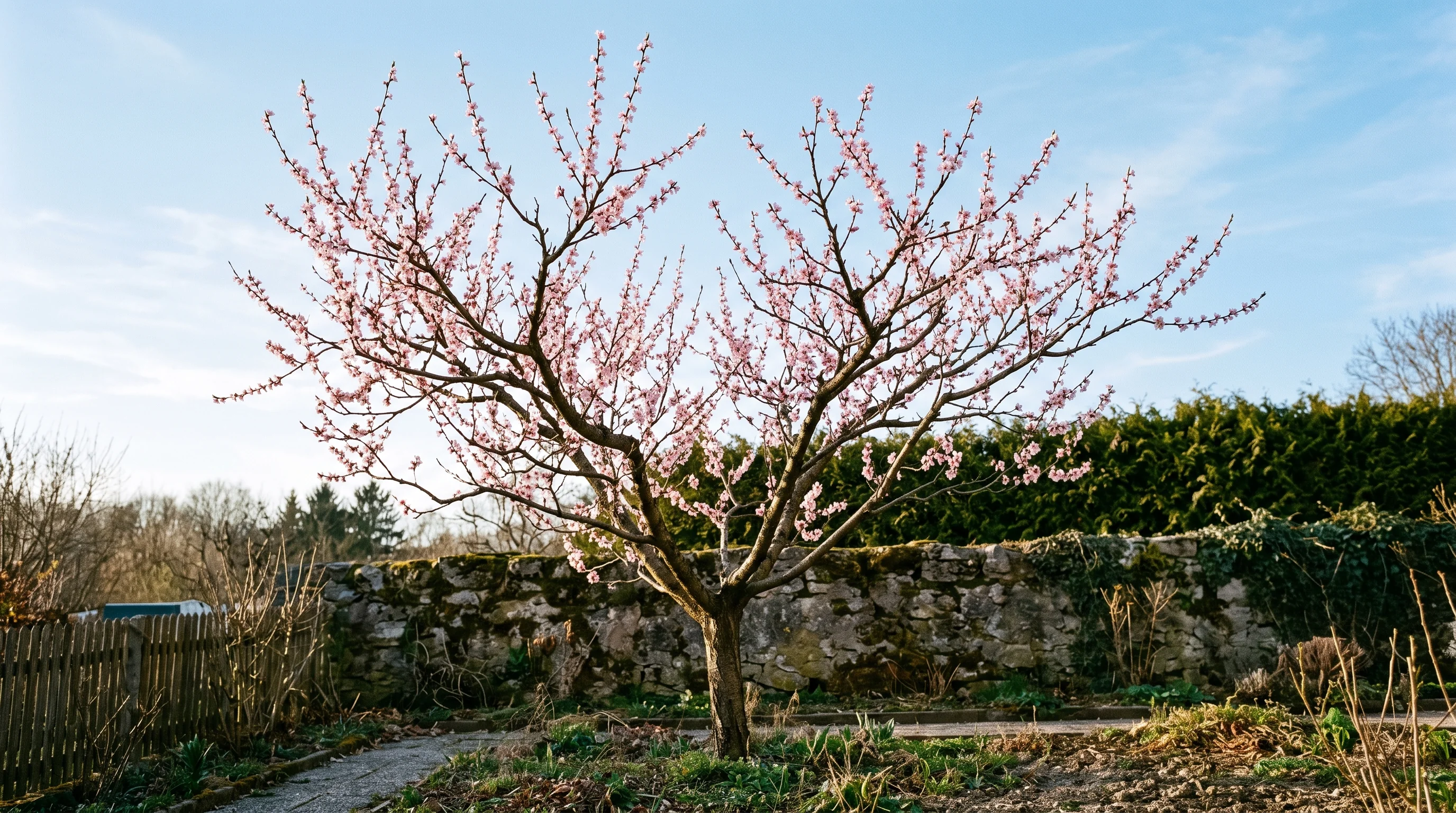 Pfirsichbaum schneiden: blühender Pfirsichbaum mit offener Krone im zeitigen Frühjahr