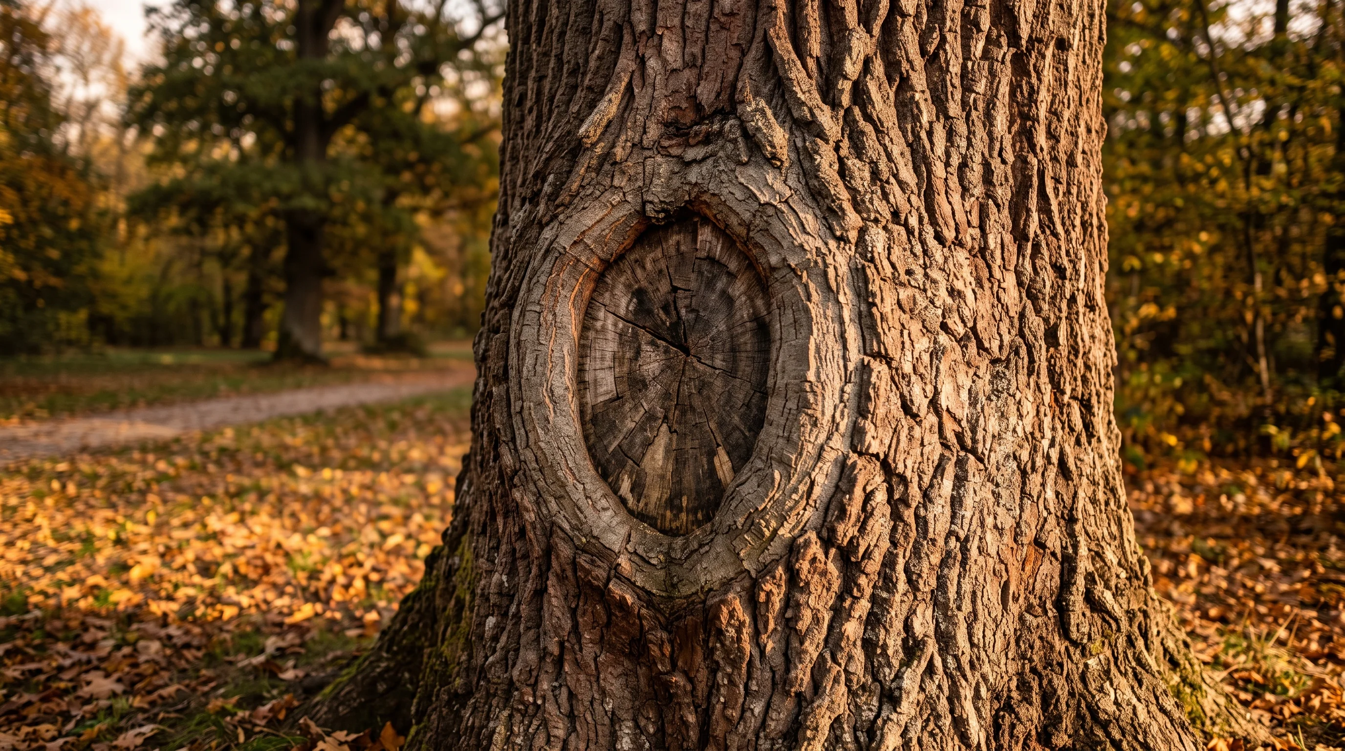 Rindenschaden am Baum: aufgerissene Stammrinde einer alten Eiche mit deutlich sichtbarem Kallusgewebe am Wundrand