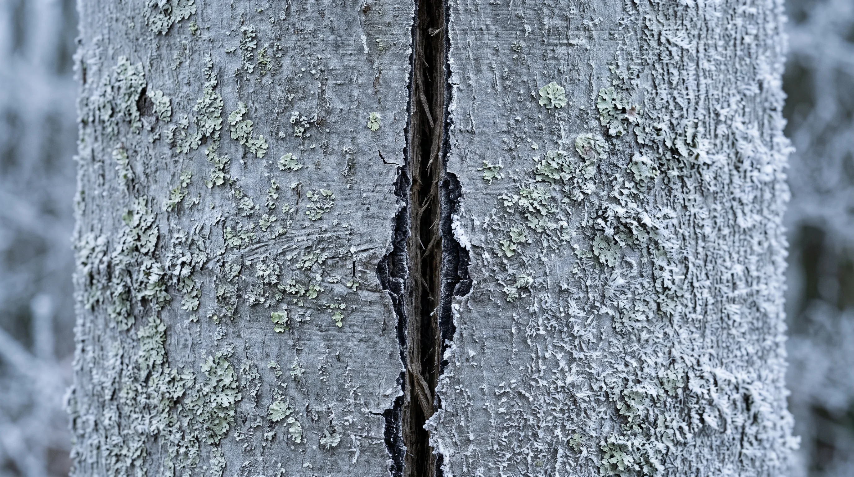 Rindenschaden am Baum durch Frostriss: vertikal aufgeplatzte Buchenrinde mit Raureif im Winter