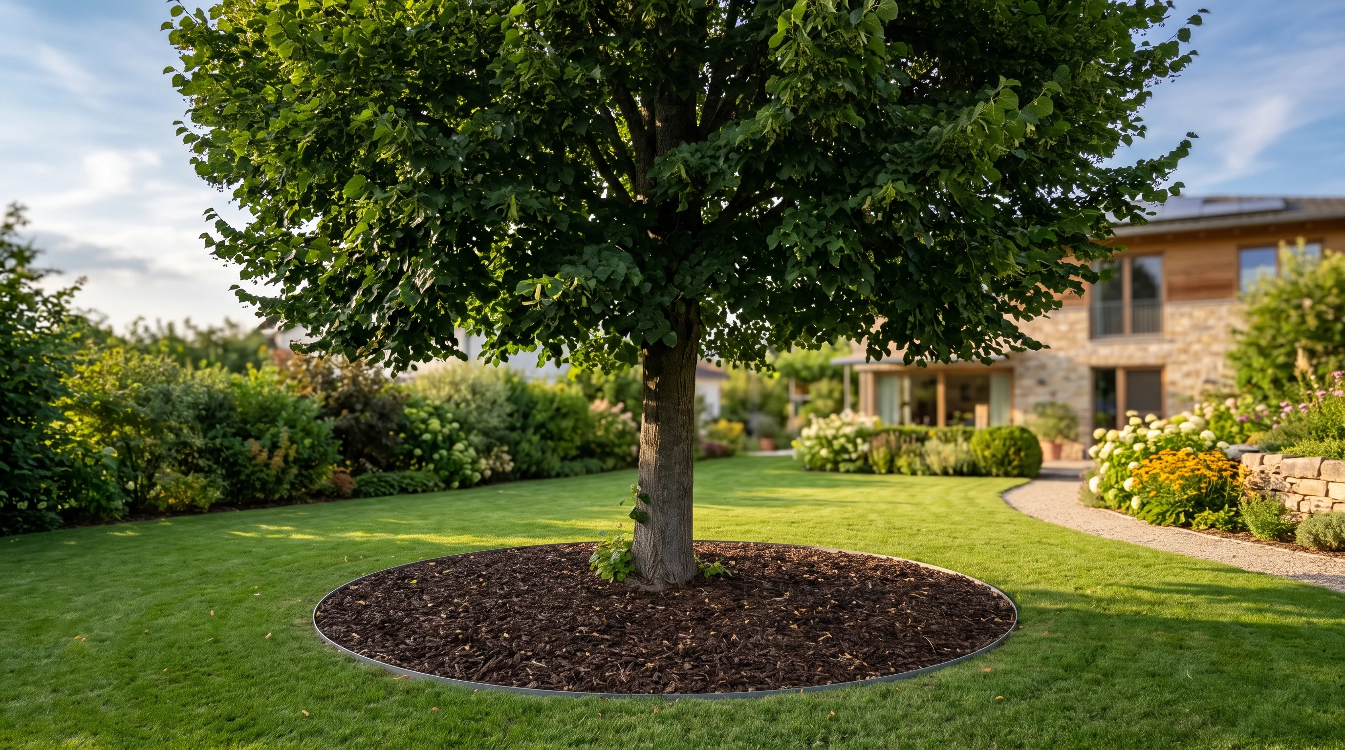 Gepflegte Baumscheibe als Schutz vor Rindenschaden am Baum in einem süddeutschen Garten