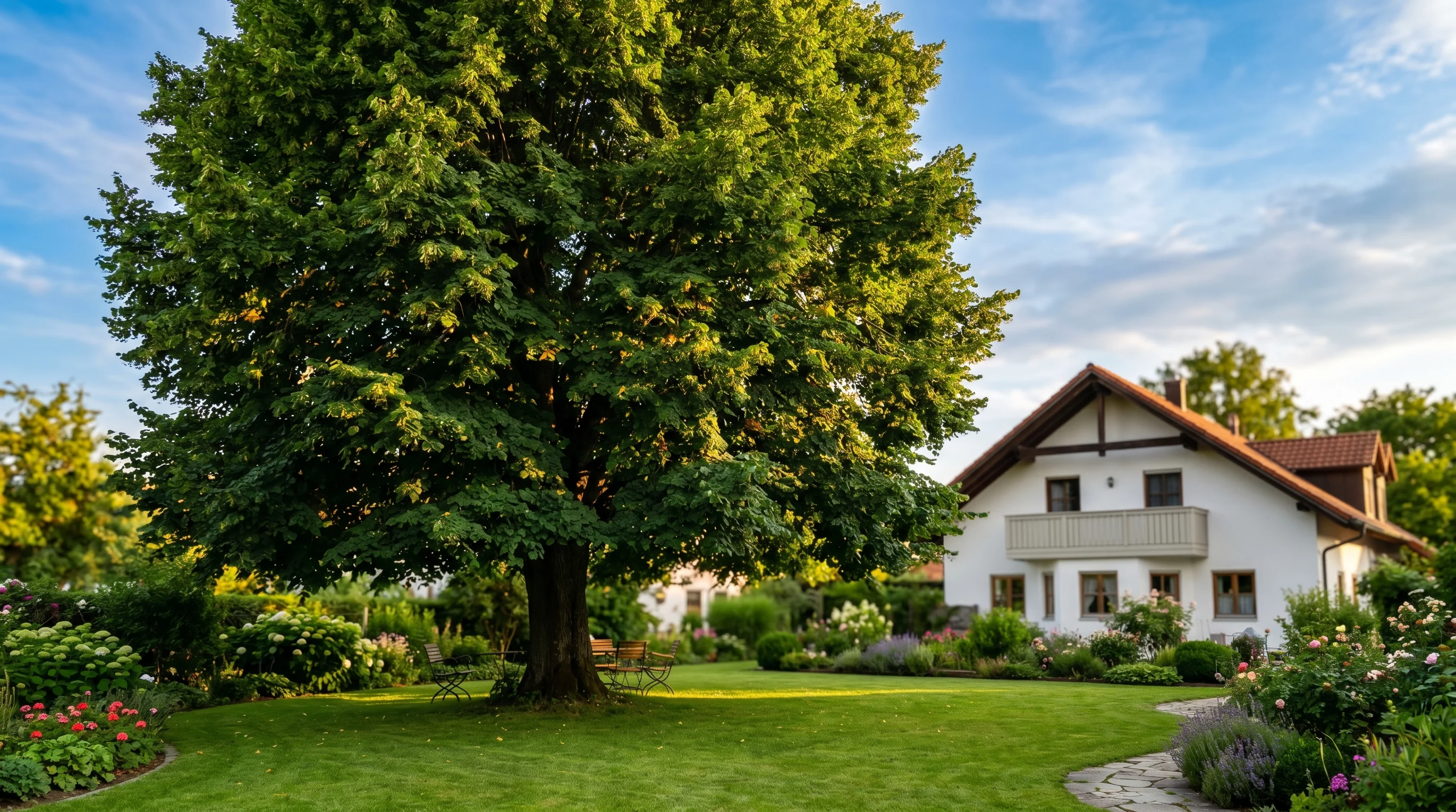Gepflegter gesunder Laubbaum mit dichter Krone in einem Ulmer Garten — Vorbeugung gegen Schädlinge am Baum durch professionelle Baumpflege