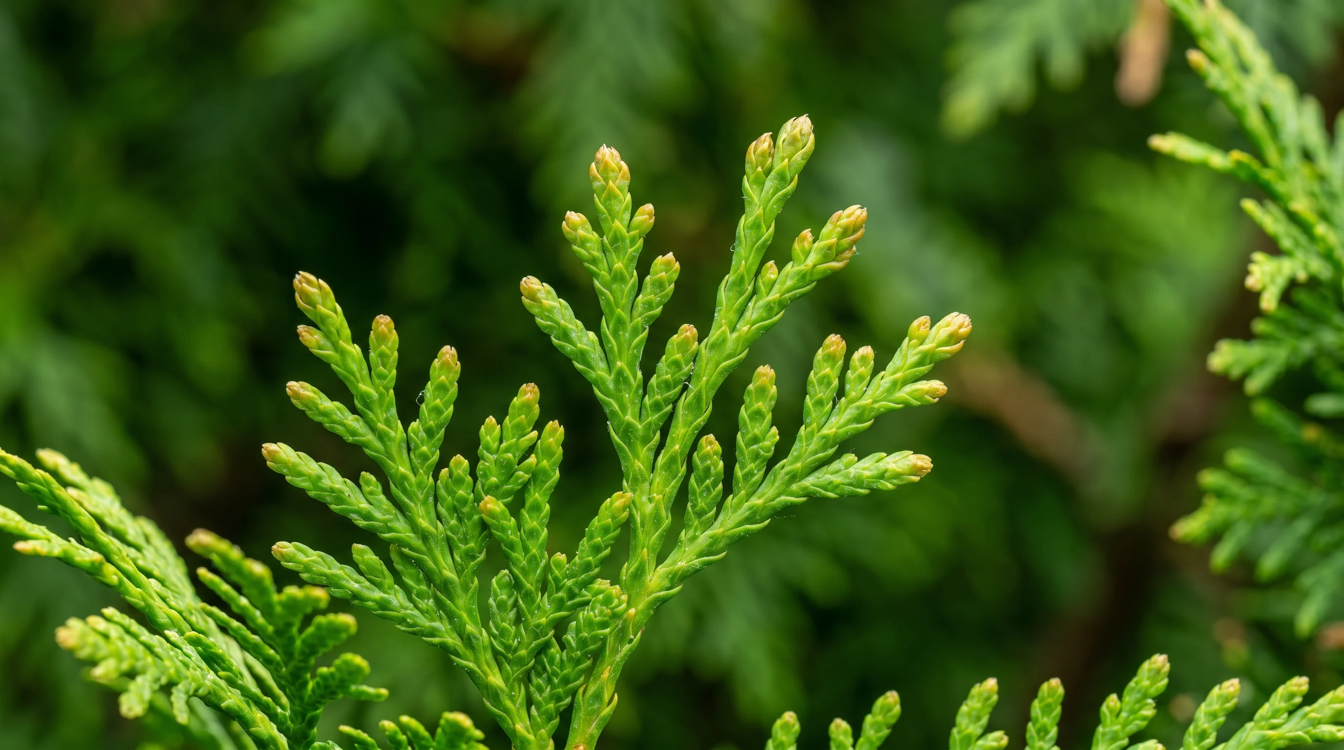 Thuja-Hecke schneiden — Nahaufnahme frischer Thuja-Triebe mit feinem Nadelwerk und Schnittfläche im Sommer
