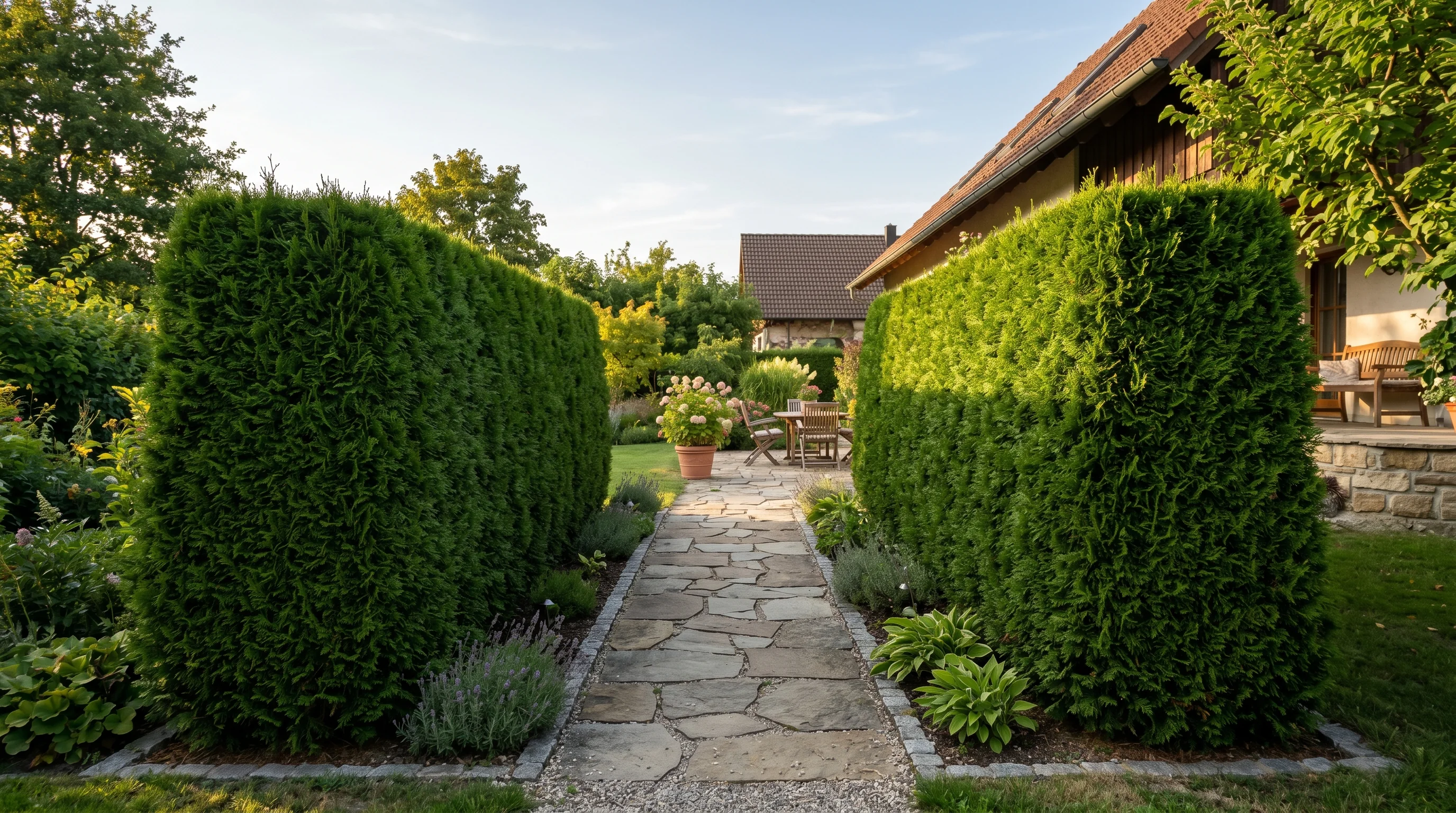 Thuja-Hecke Ergebnis — gepflegter Garten nach professionellem Thuja-Formschnitt im Spätsommer, klare Linien, sattes Grün