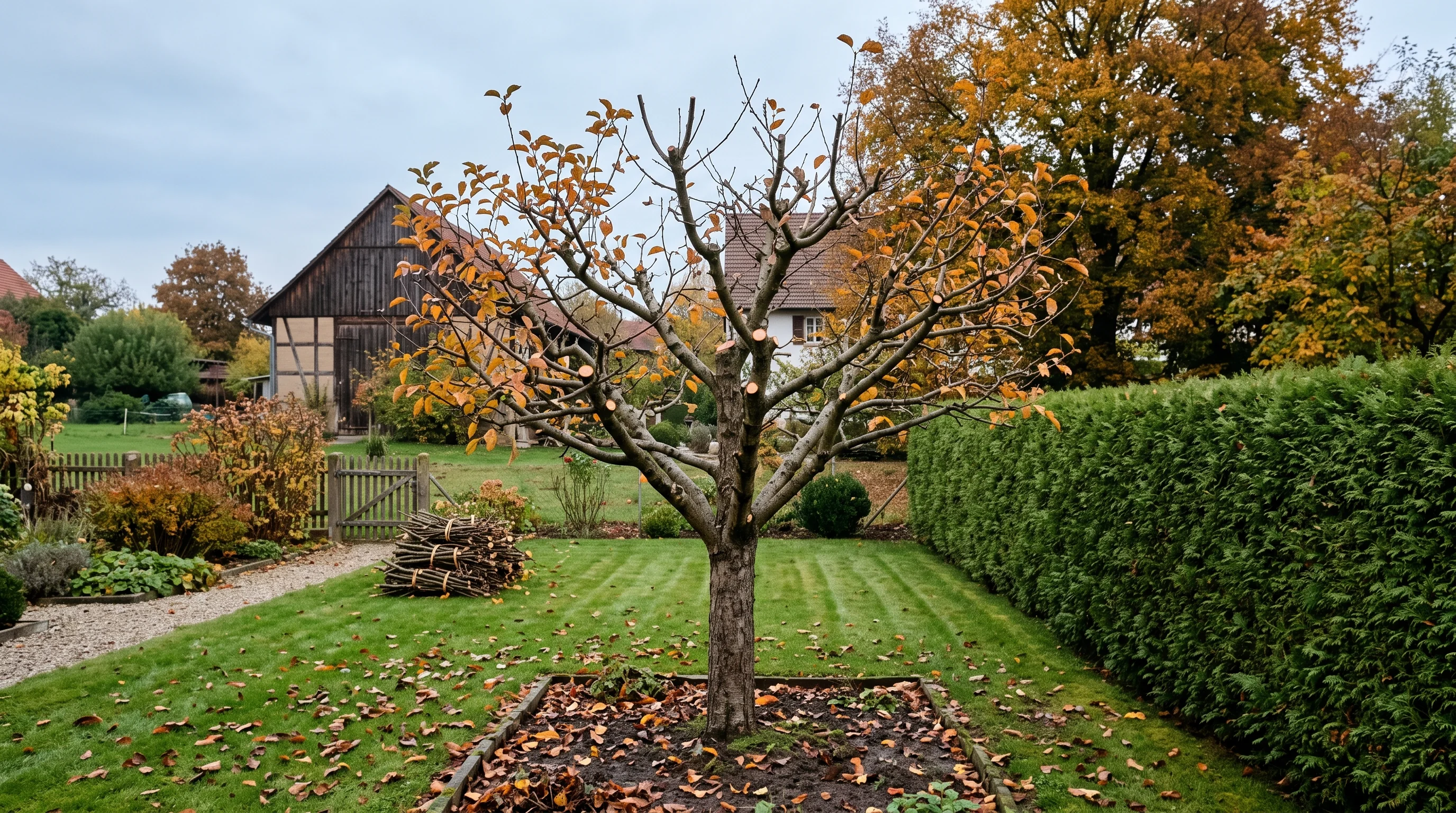 Fachgerecht zurückgeschnittener Baum ohne überhängende Äste über der Grundstücksgrenze