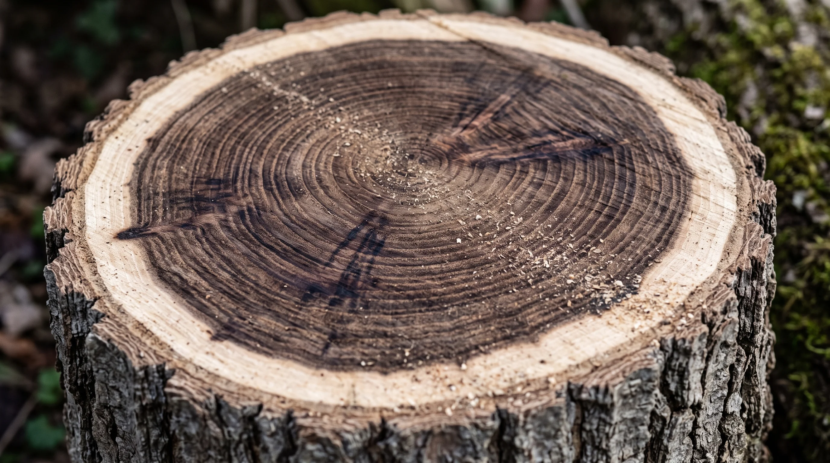 Walnussbaum fällen – Querschnitt eines Walnussstamms mit dunklem Kernholz und hellem Splint