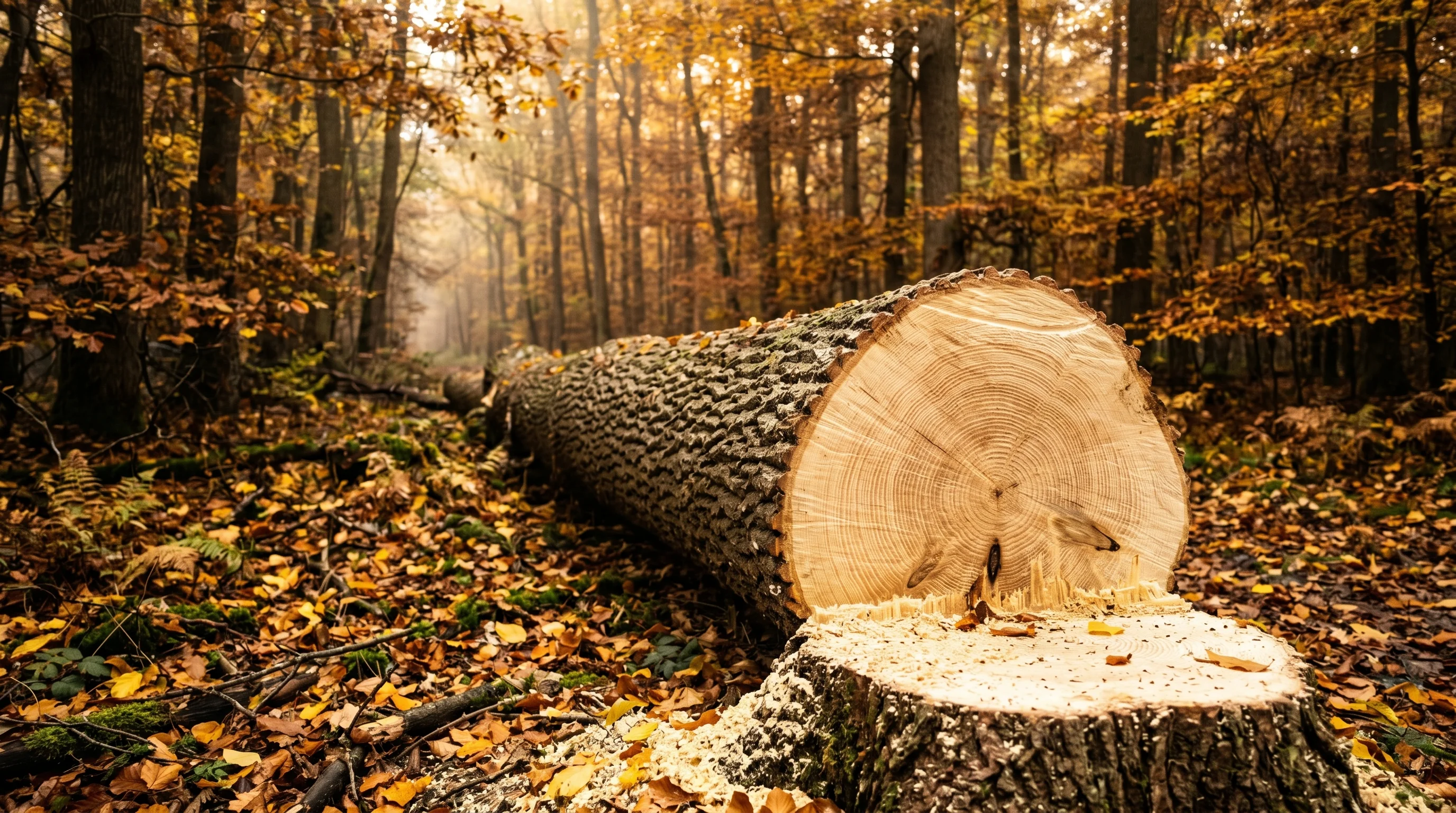 Wann darf man Bäume fällen – gefällter Eichenstamm mit Jahresringen im Herbstwald