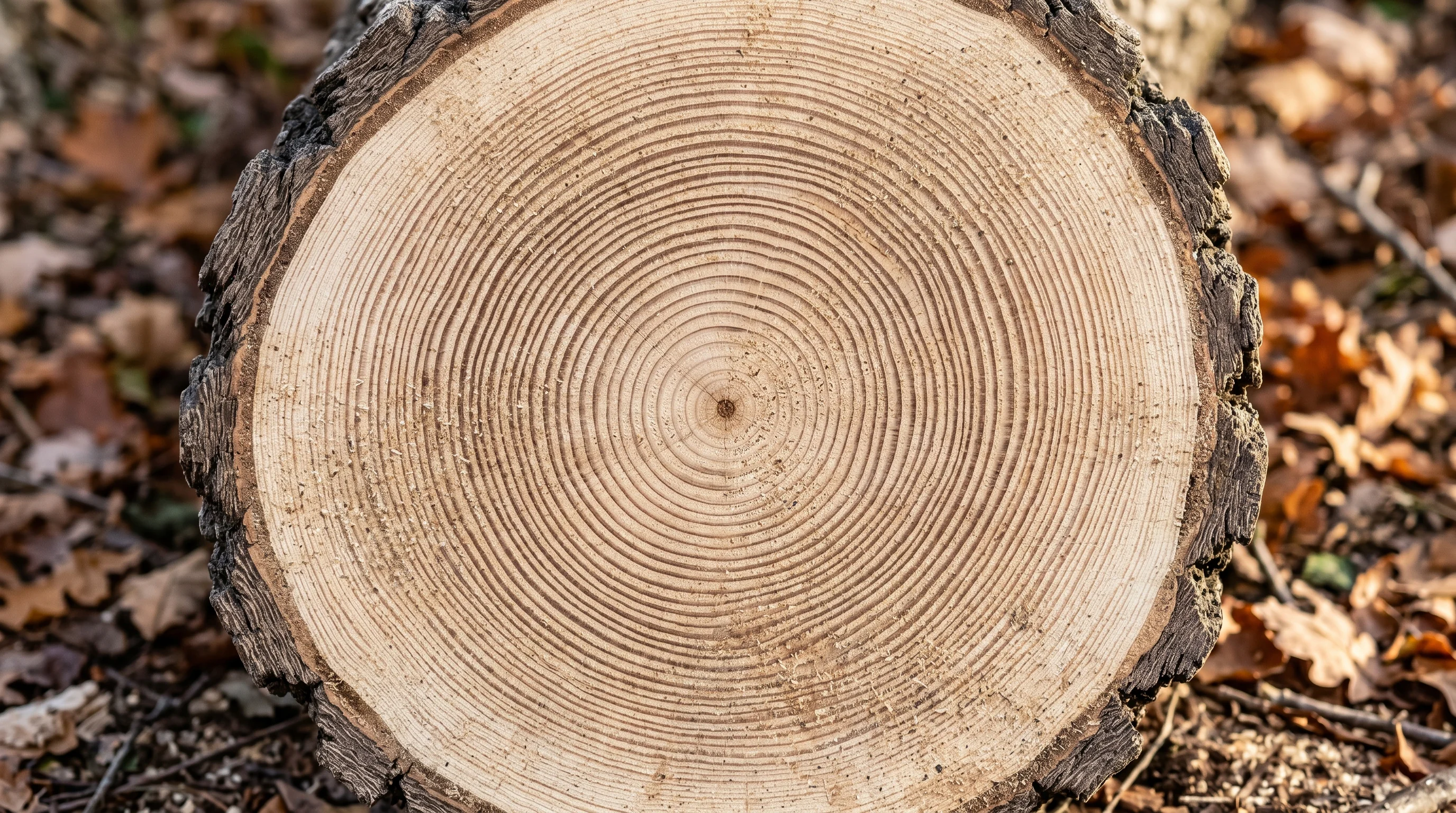 Wann darf man Bäume fällen – frischer Baumstumpf-Querschnitt mit Jahresringen im Herbstwald
