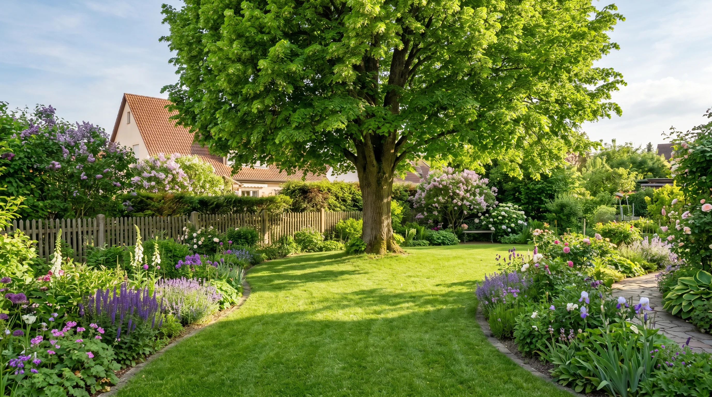 Wann darf man Bäume fällen – gepflegter Laubbaum in einem süddeutschen Garten nach professioneller Baumpflege