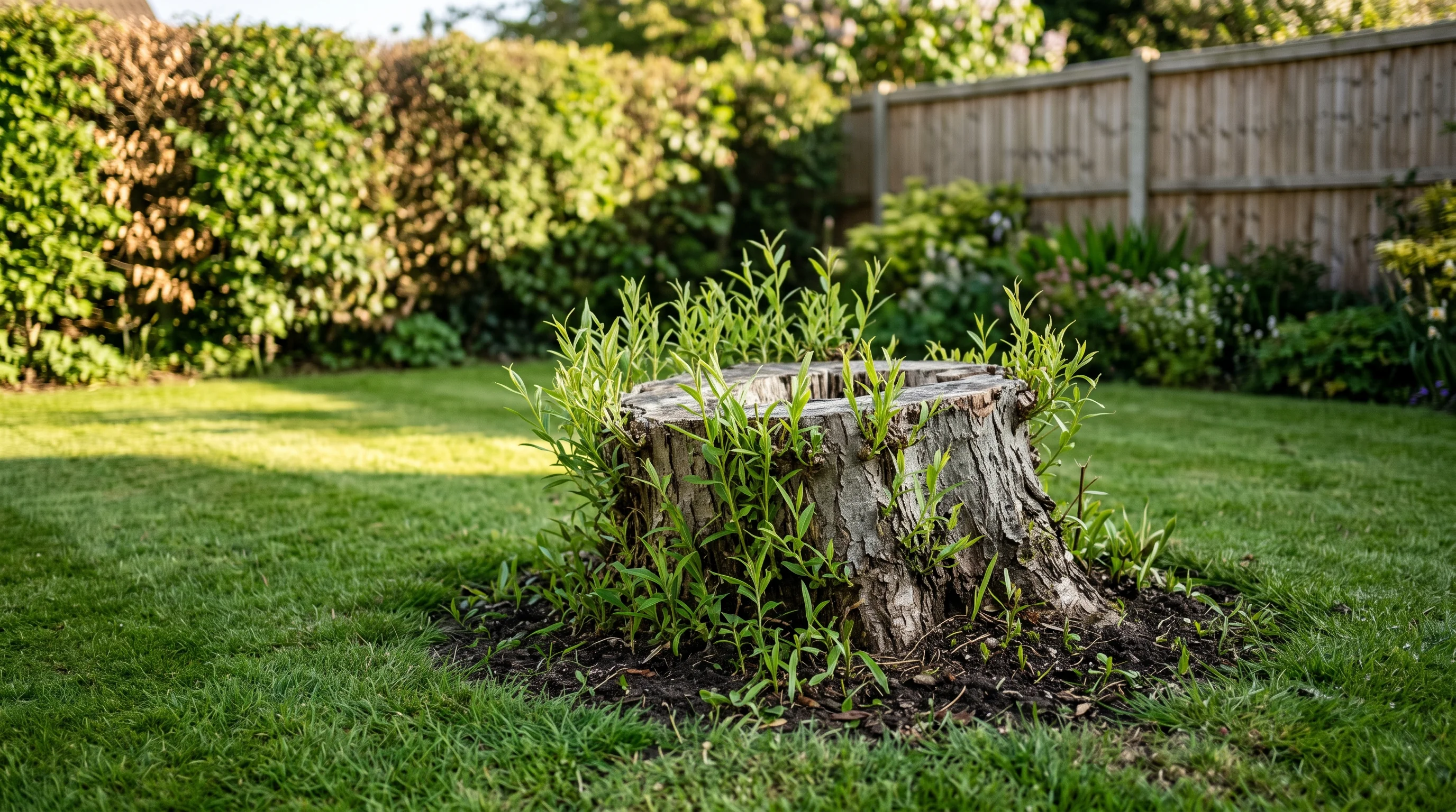 Weide fällen: Weidenstumpf im Garten mit frischen Austrieben nach der Fällung