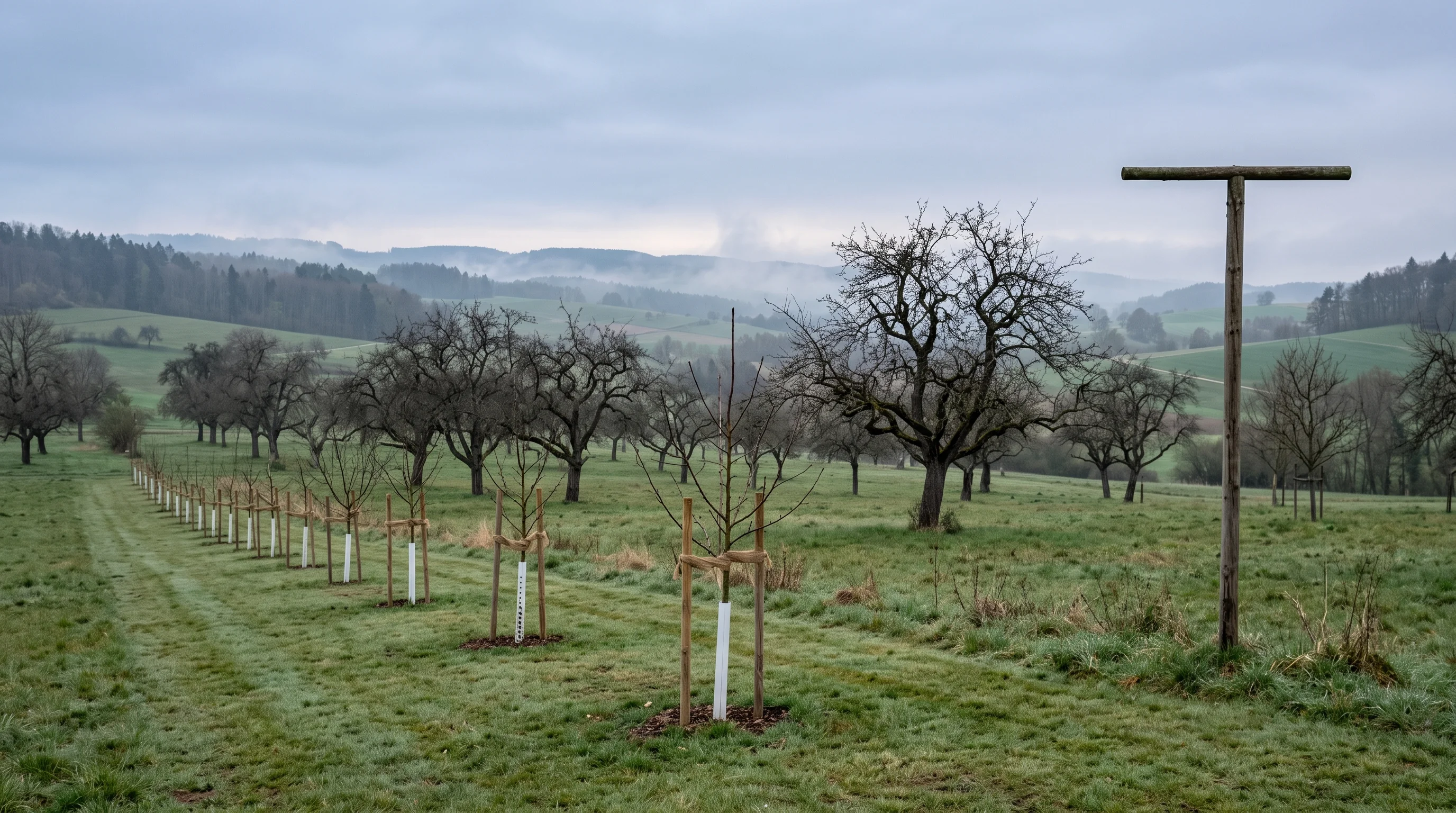 Obstbaum vor Wühlmäusen schützen: gepflegte Obstwiese mit jungen Bäumen und Sitzstange für Greifvögel