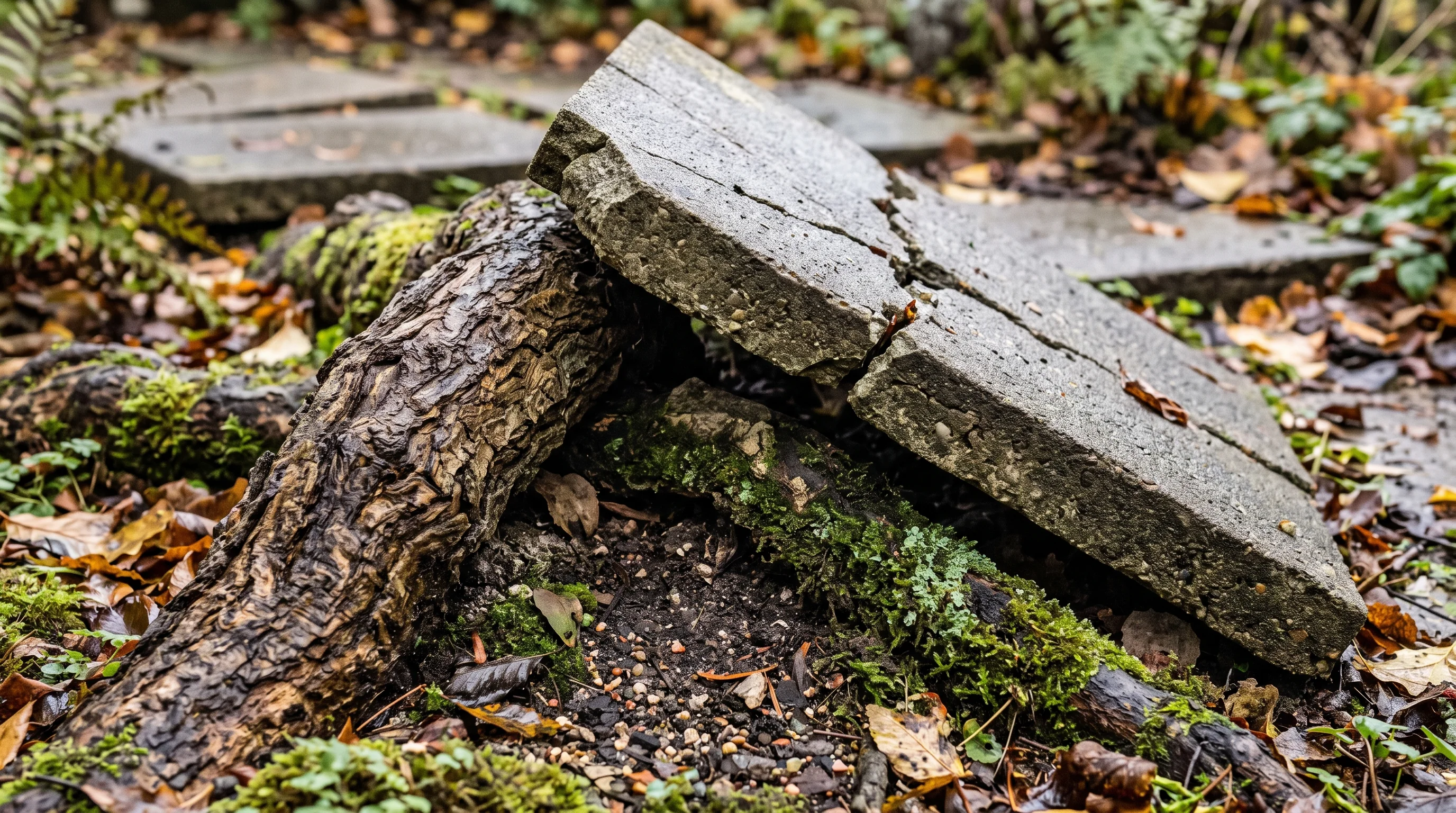 Wurzelsperre Baum: Baumwurzel hebt eine Gehwegplatte im Garten an