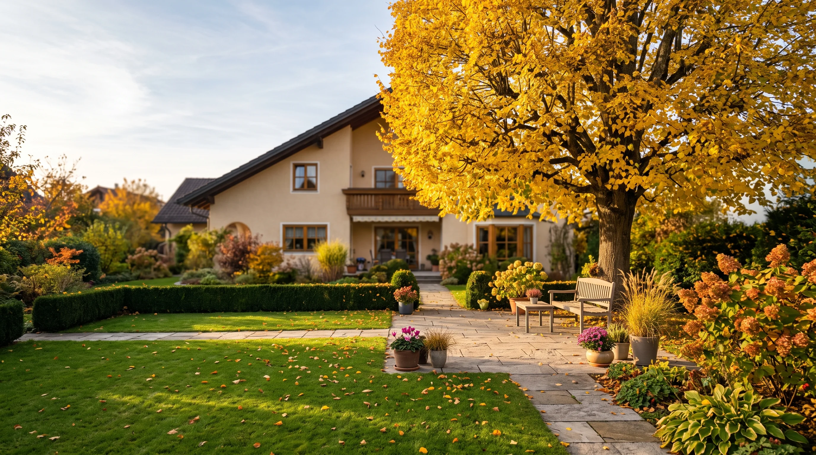 Wurzelsperre Baum: gepflegter Garten mit großem Laubbaum neben einer Terrasse im Herbst